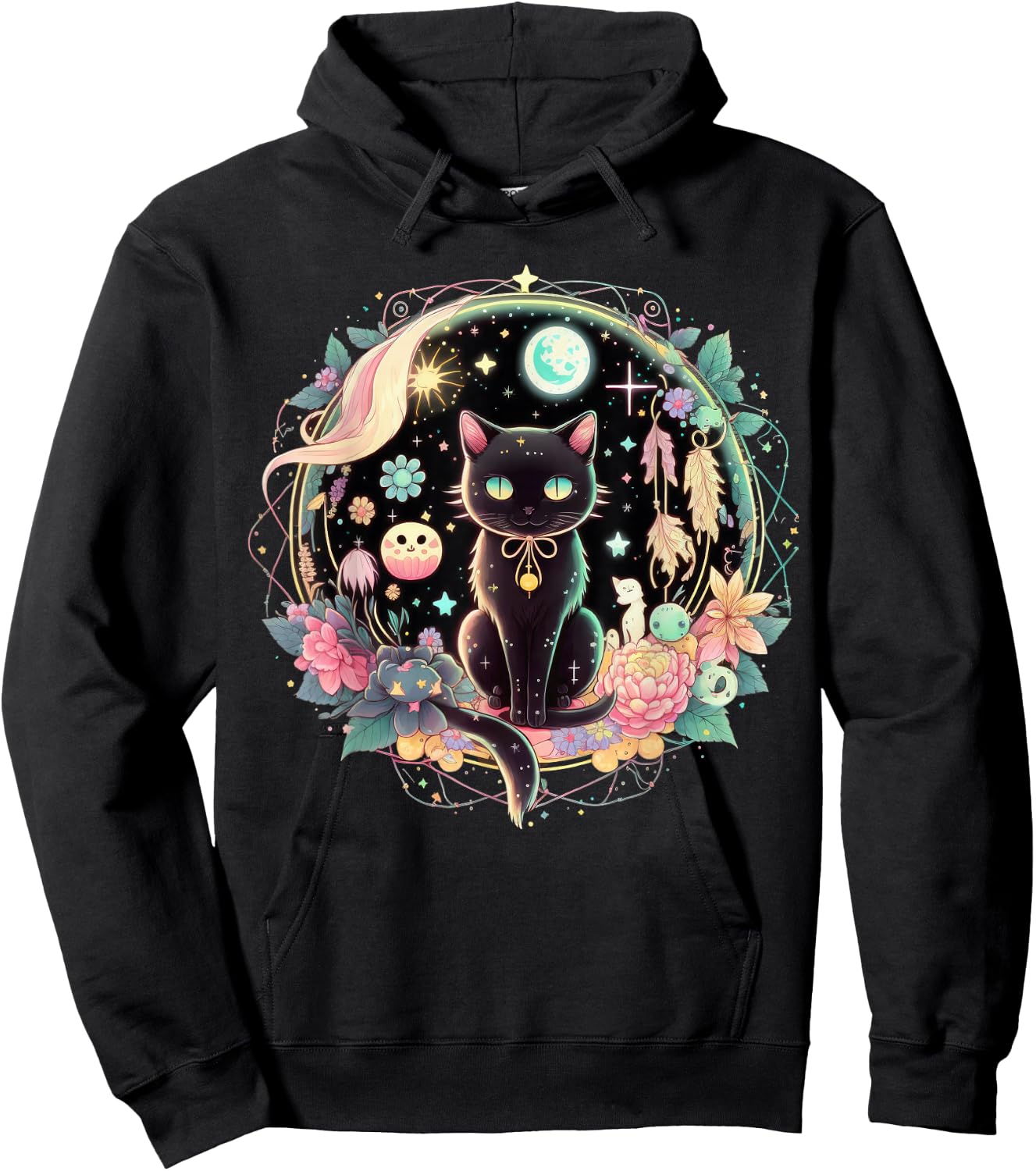 Moon Phases Crystal Witchy Cute Black Cat Kawaii Pastel Goth Hoodie - Hoodie | Black