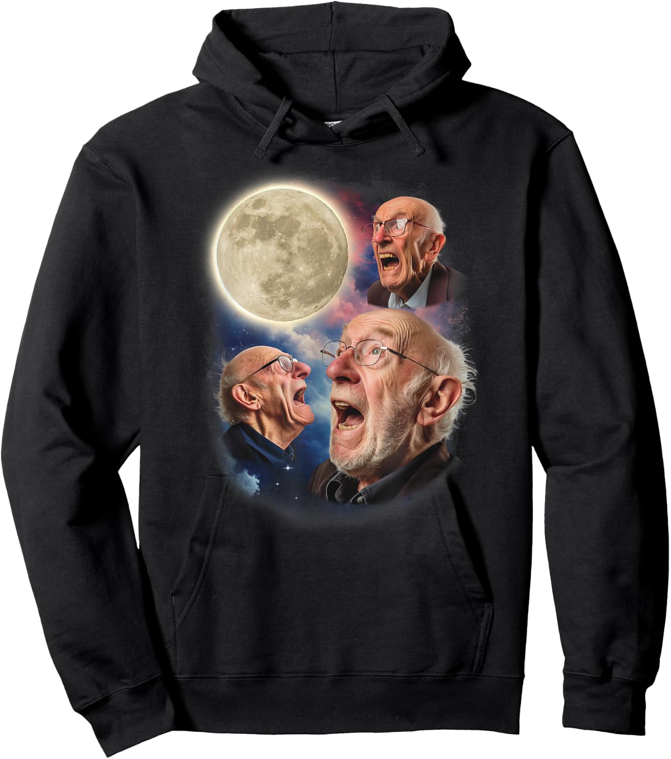 Three Grandpa Moon Old Men Howl At Moon Weird Cursed Meme Hoodie - Hoodie | Black