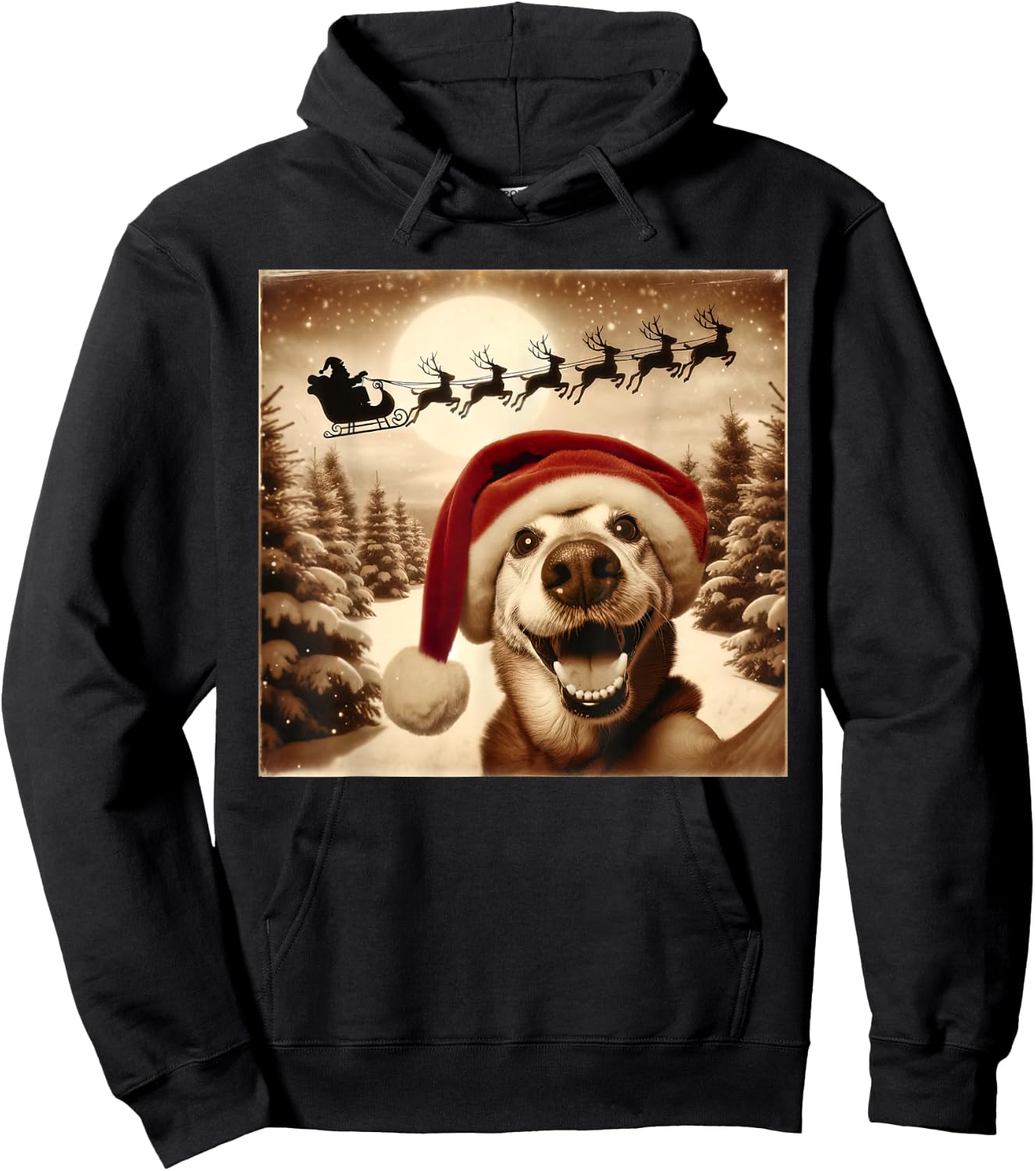Funny Dog Selfie With Santa's Sleigh Weird dog Christmas Women Girls Kids Hoodie - Hoodie | Black