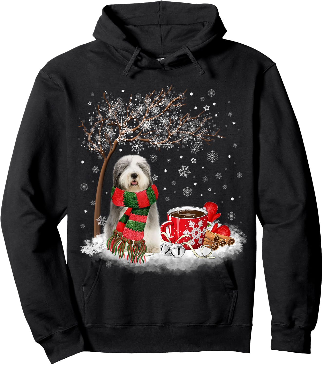 Old English Sheepdog In The Snow Christmas Winter Xmas Tree Men Women Kids Hoodie - Hoodie | Black