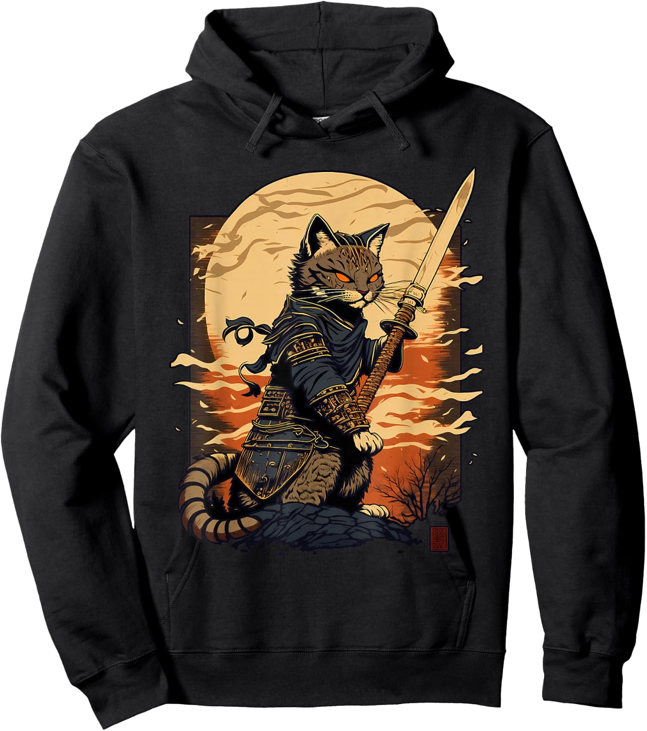 Retro Japanese Warrior Katana Ninja Cat, Samurai Kitten Hoodie - Hoodie | Black