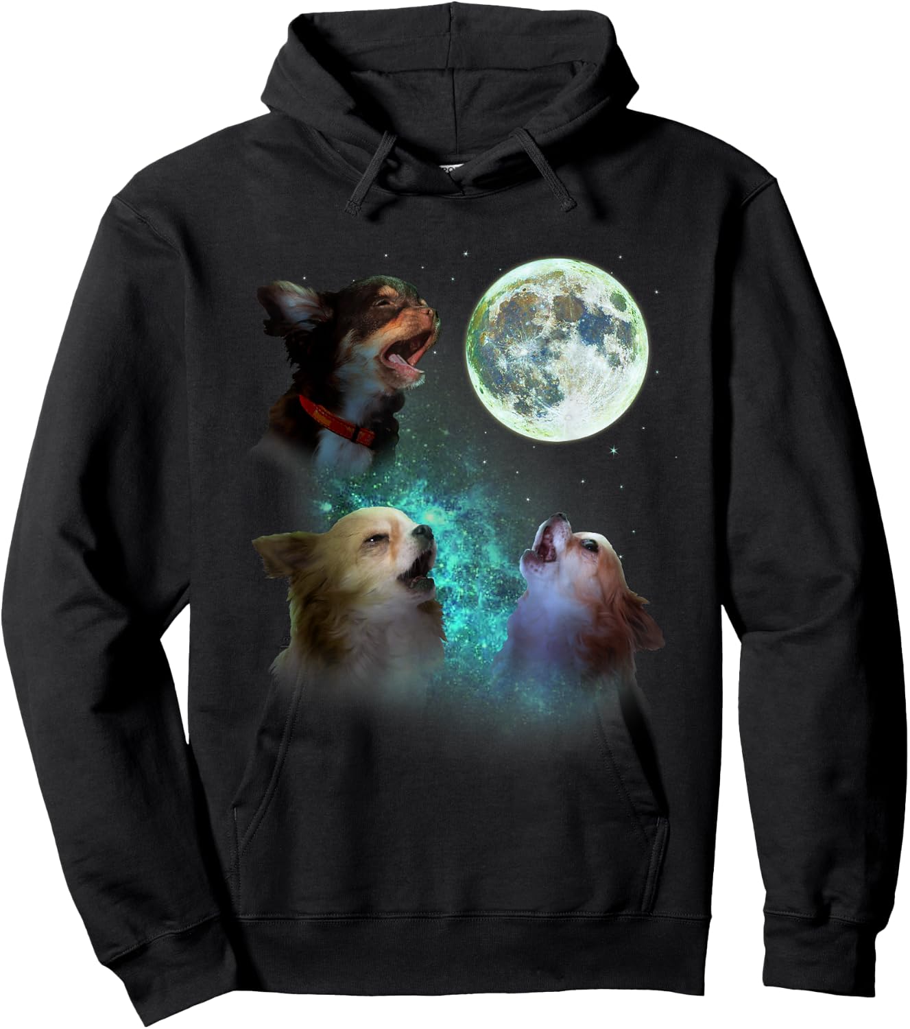 Three Long Hair Chihuahuas Howl At Moon 3 Wolf Wolves Parody Hoodie - Hoodie | Black
