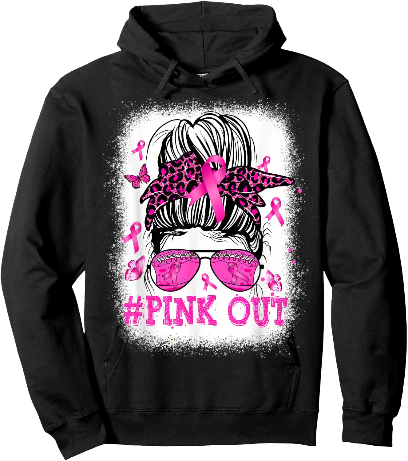 Bleached Pink Out Messy Bun Football Breast Cancer Awareness Hoodie - Hoodie | Black