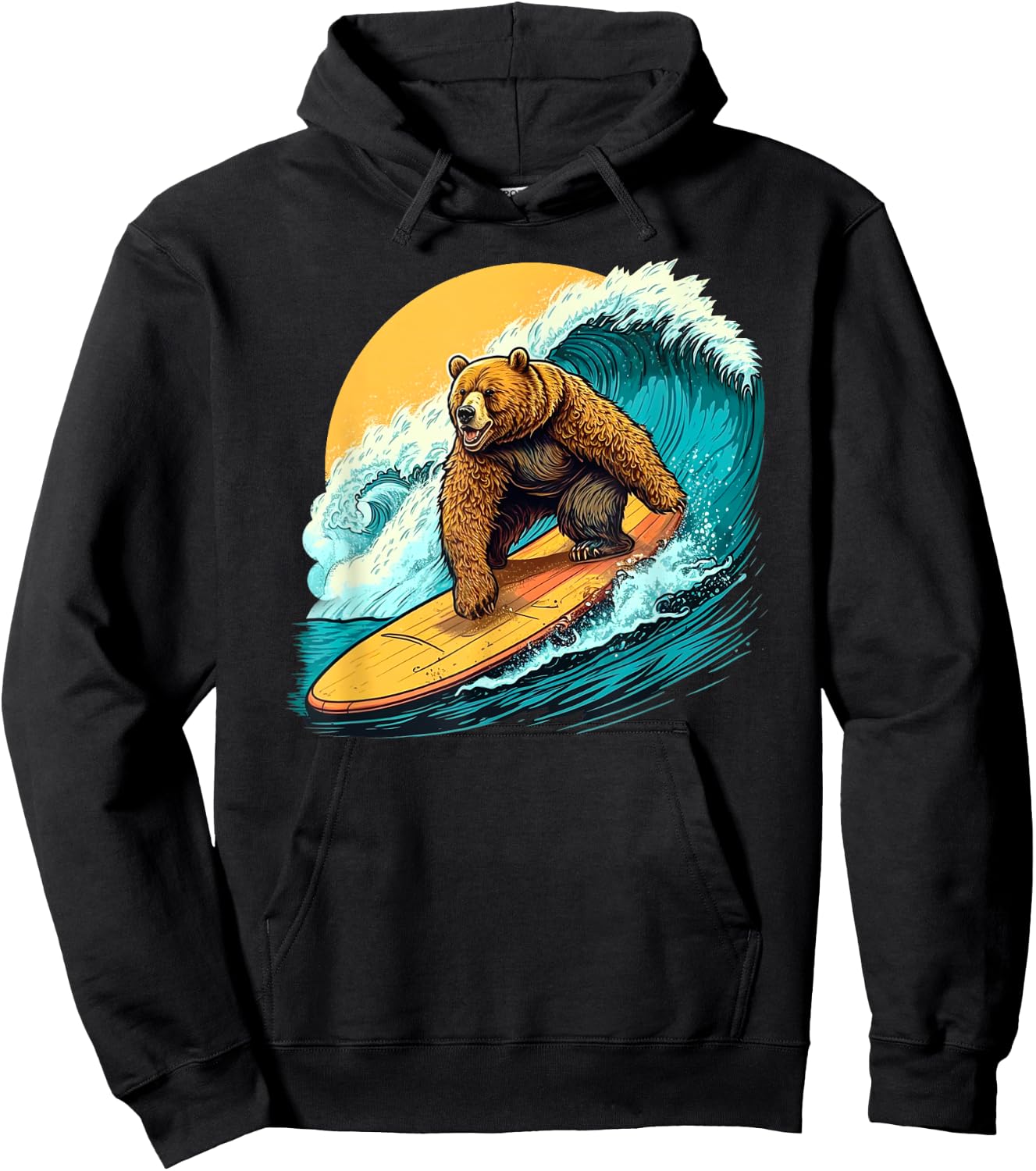 Cool Bear Surfing on Surfboard Hang Ten Surf Waves Sun Ocean Hoodie - Hoodie | Black