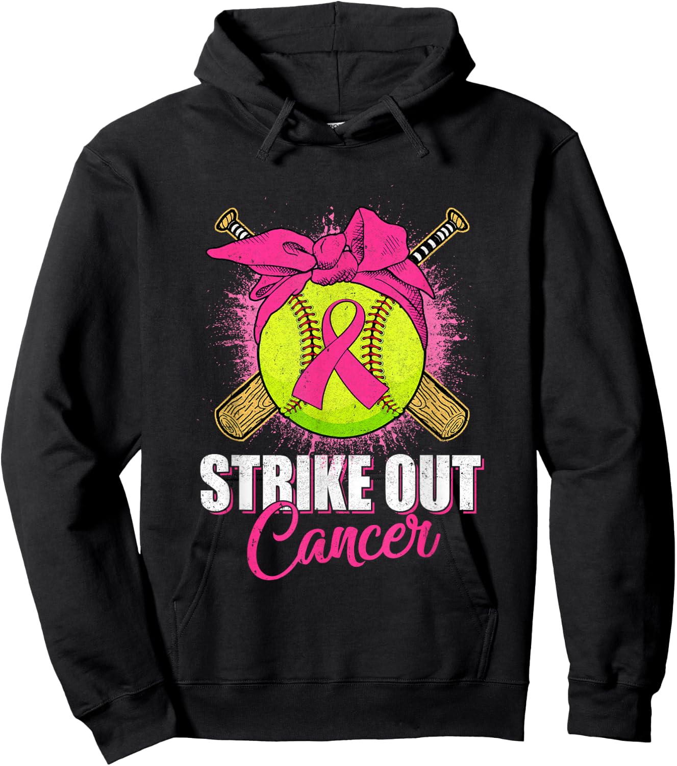 Strike Out Breast Cancer Awareness Softball Pink Ribbon Hoodie - Hoodie | Black
