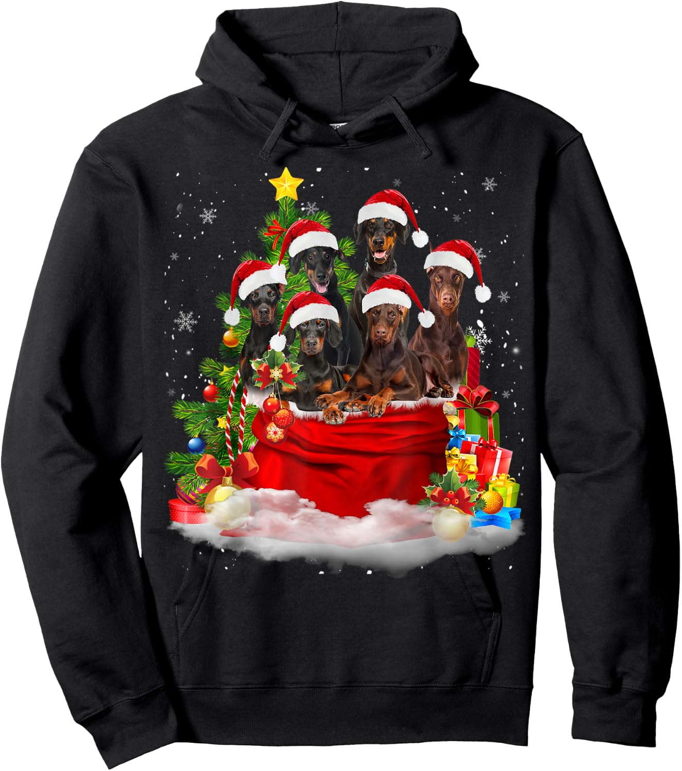 Doberman Pinscher Christmas Santa Claus Bag Christmas Pajama Hoodie - Hoodie | Black