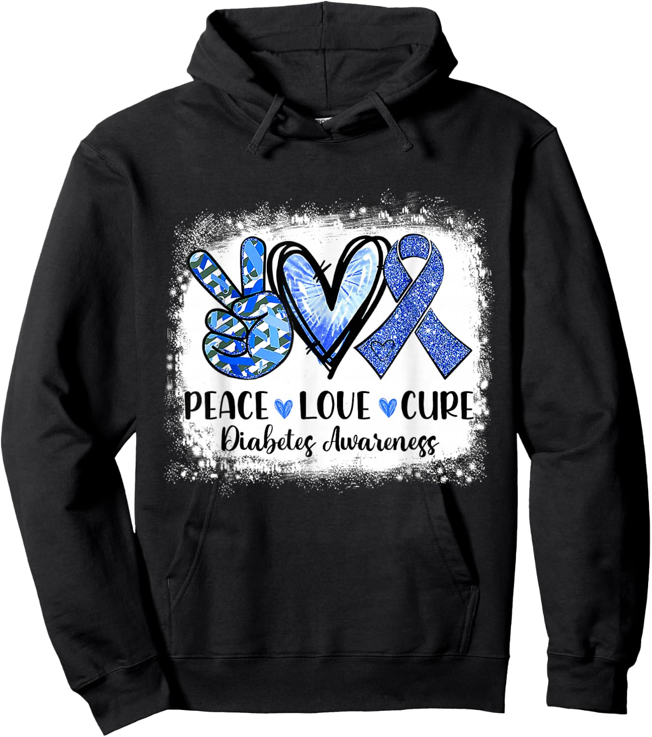 Peace Love Cure Type 1 Diabetes Awareness T1d Blue Ribbon Hoodie - Hoodie | Black