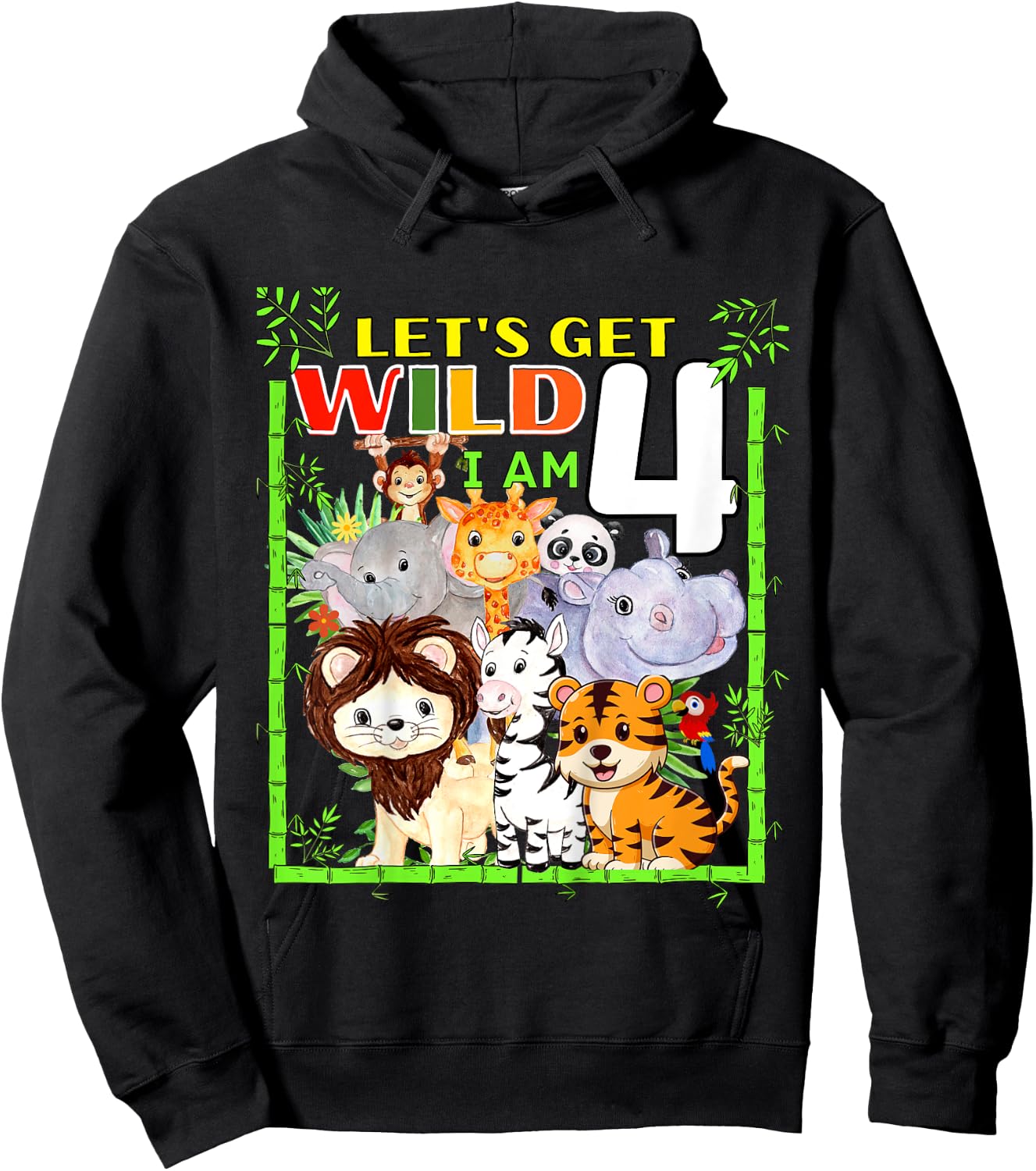 Kids 4 Year Old Zoo Birthday Safari Jungle Animals 4th Birthday Hoodie - Hoodie | Black