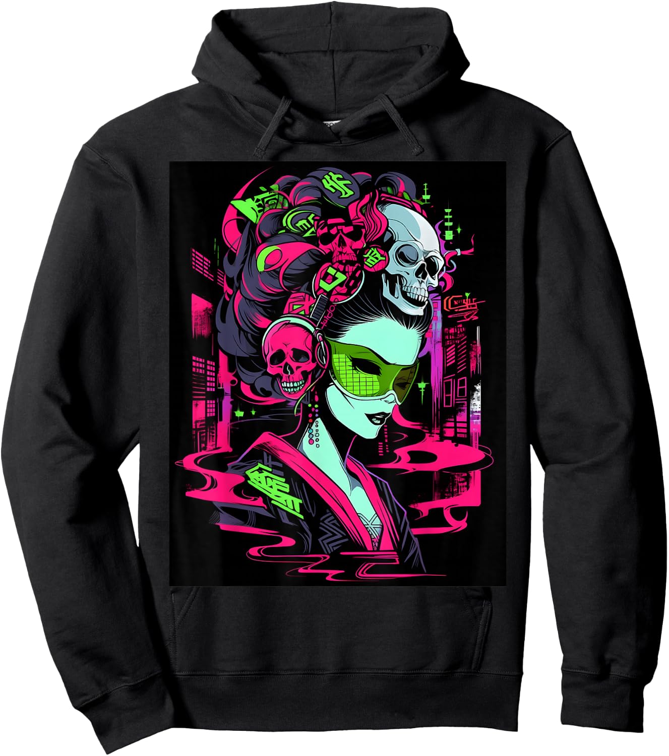 Fashion-Forward Trendy Graphic: Design Showcases a Skull Hoodie - Hoodie | Black