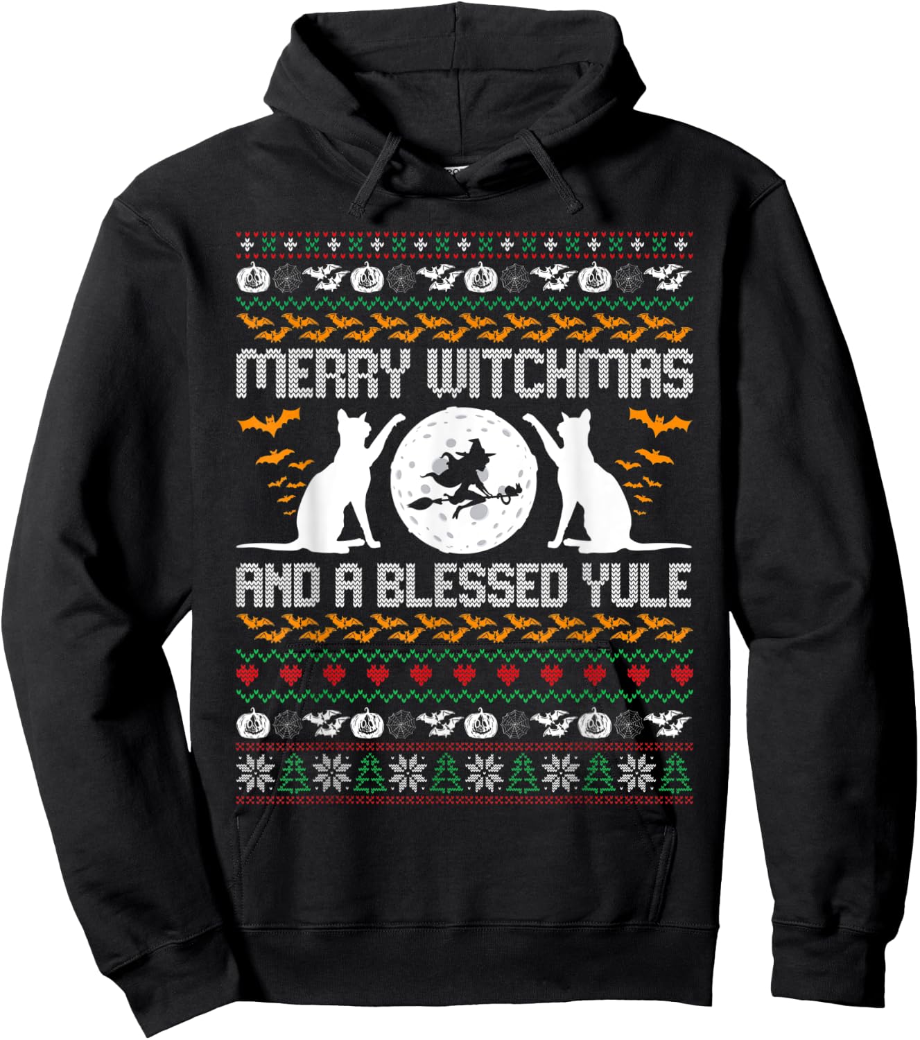 Merry Witchmas Funny Cat Lover Christmas Ugly Xmas Sweater Women Hoodie - Hoodie | Black