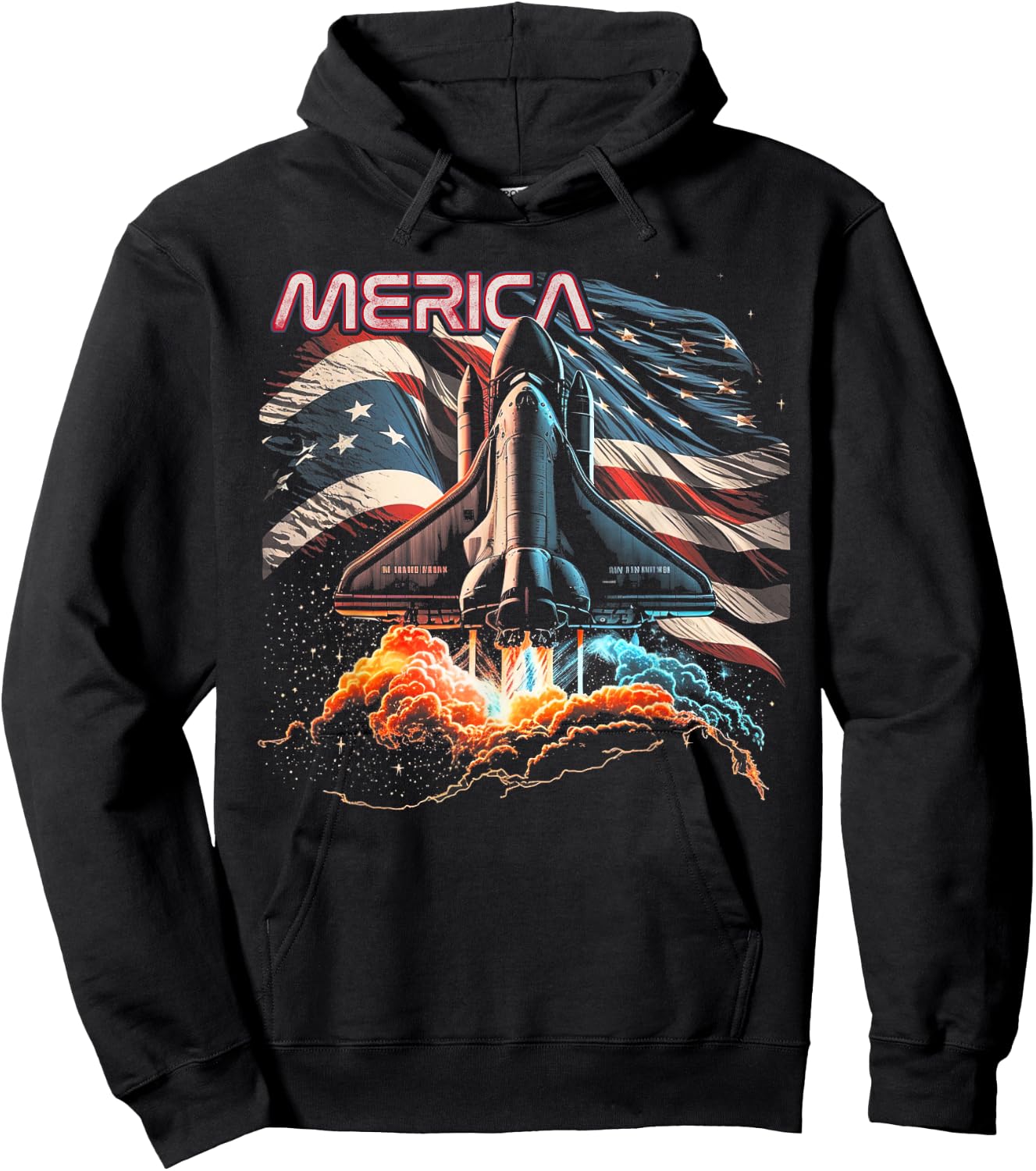 Astronaut Space Rocket Shuttle 4th of July American Flag USA Kids Men Hoodie - Hoodie | Black