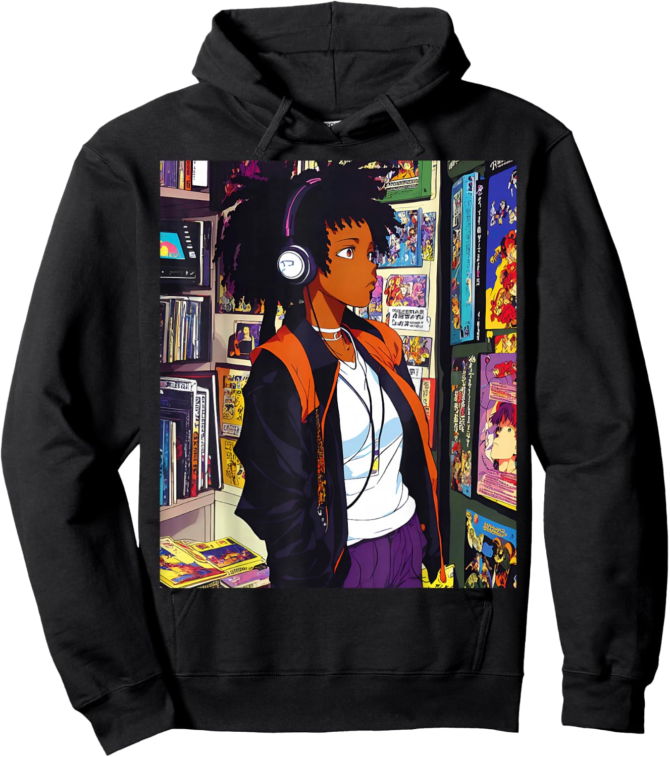 Anime Black Girl Lofi Music 90s Retro Afro Cartoon Hoodie - Hoodie | Black