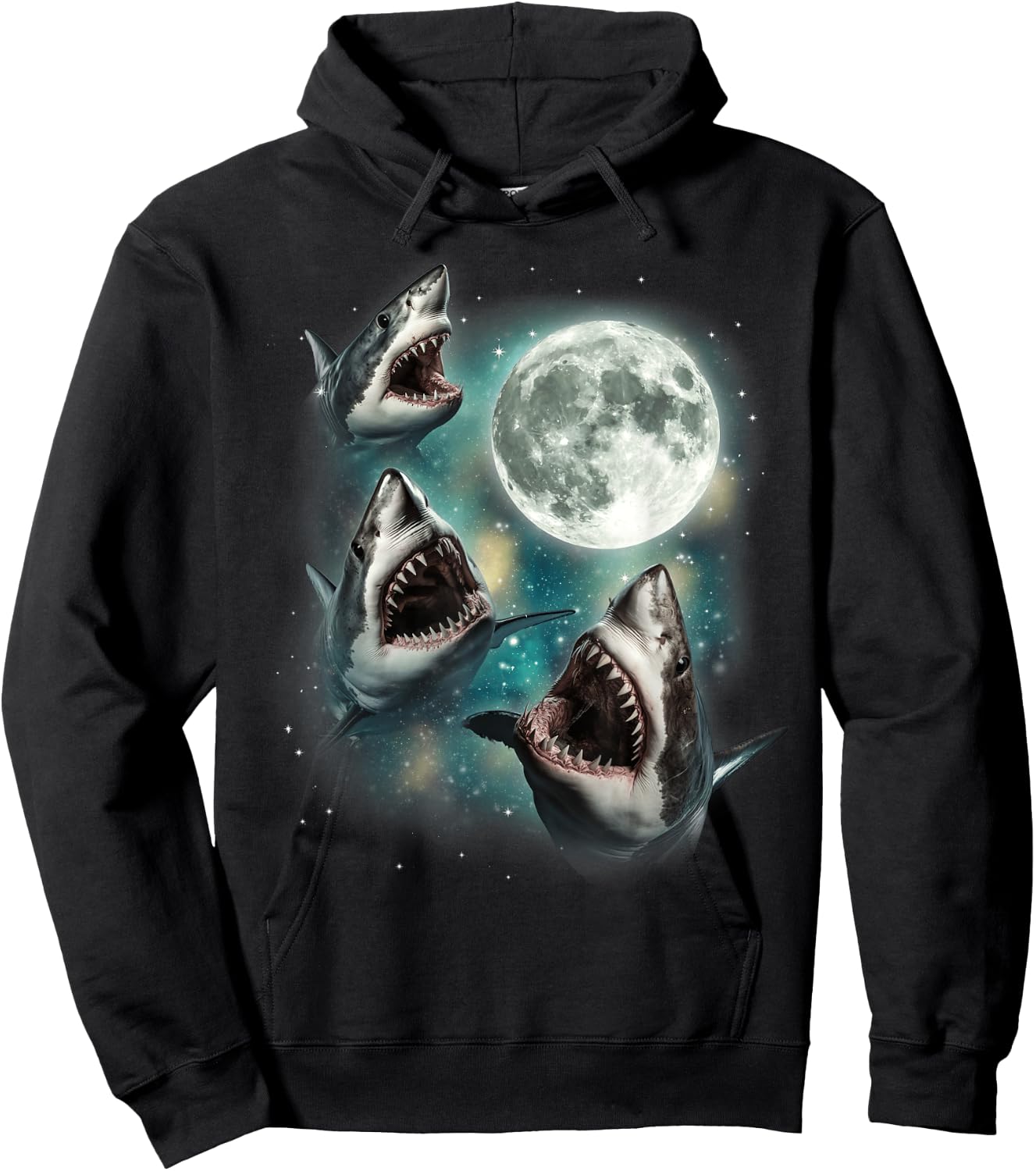 Three Shark Moon | 3 Great Whites Howling Wolfs Moon Parody Hoodie - Hoodie | Black