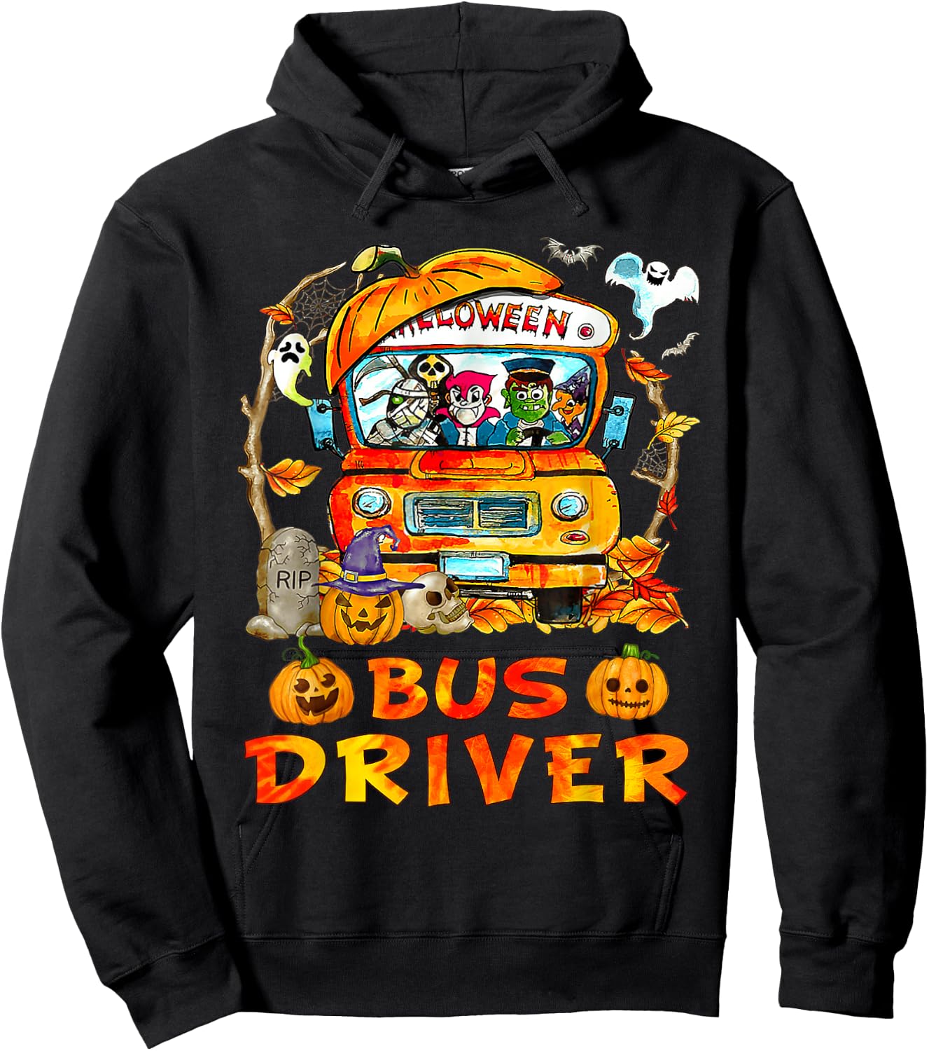 School Bus Driver Pumpkin Season Skeleton Fall Halloween Hoodie - Hoodie | Black