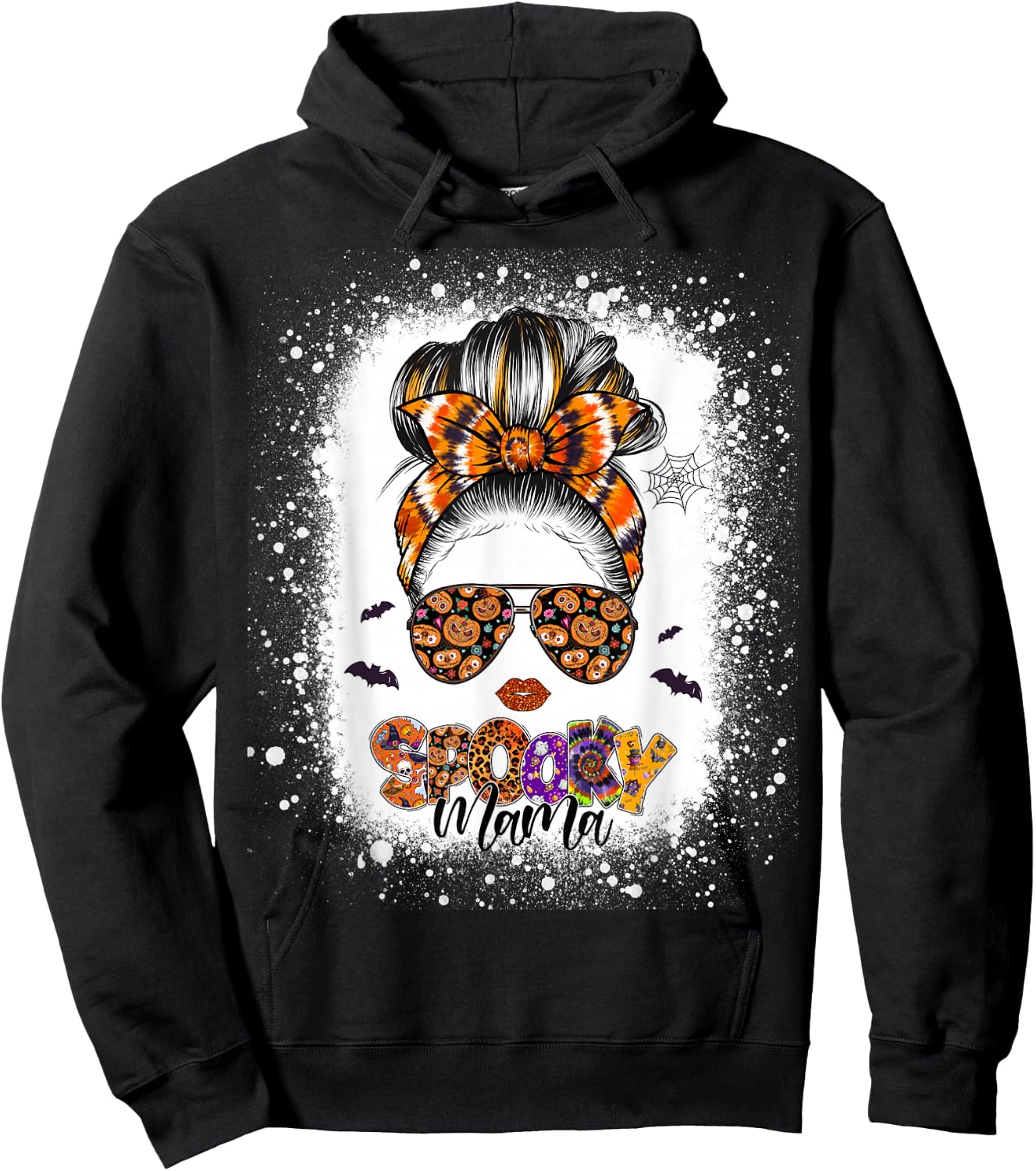 Spooky Mama Halloween Monster Messy Bun Skull Mom Bleached Hoodie - Hoodie | Black