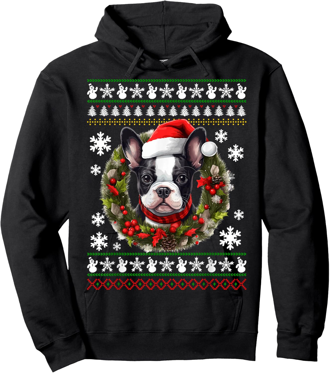 Boston Terrier With Santa Hat Ugly Christmas Hoodie - Hoodie | Black