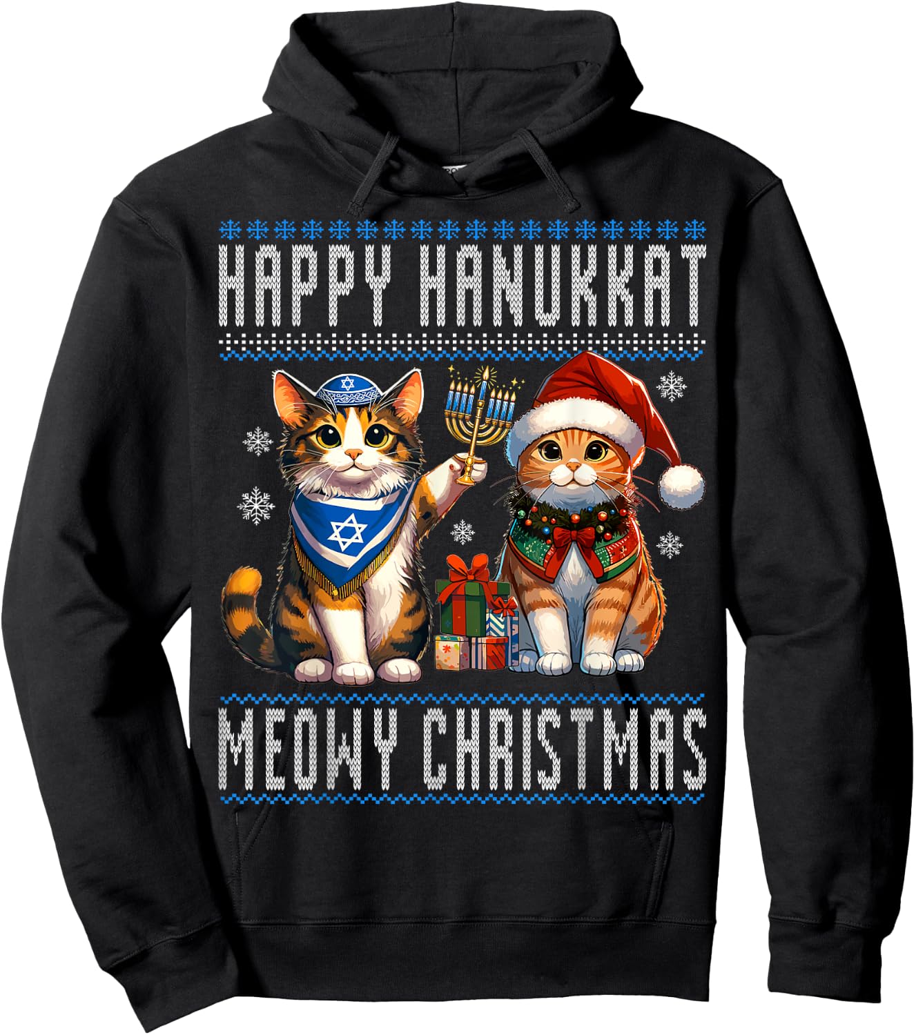 Cat Merry Christmas Happy Hanukkah Jewish Christian Men Women Kids Hoodie - Hoodie | Black