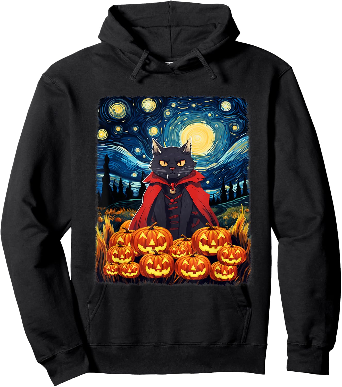 Dracula Cat Starry Night Van Gogh Retro Halloween Cat Hoodie - Hoodie | Black