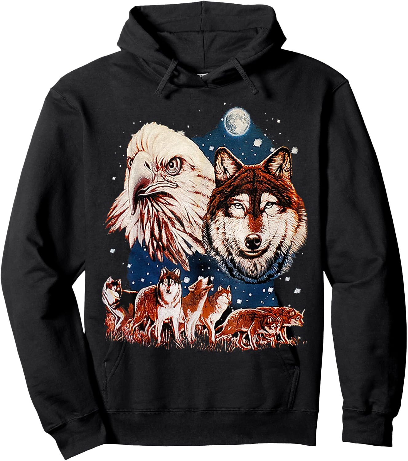 Eagle and Wolf At Moon Vintage Wolf Hoodie - Hoodie | Black
