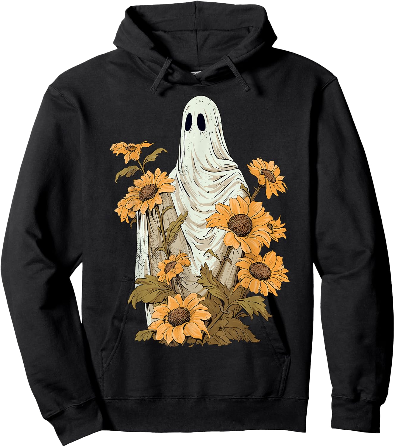 Vintage Floral Ghost Sunflowers Spooky Halloween Graphic Hoodie - Hoodie | Black