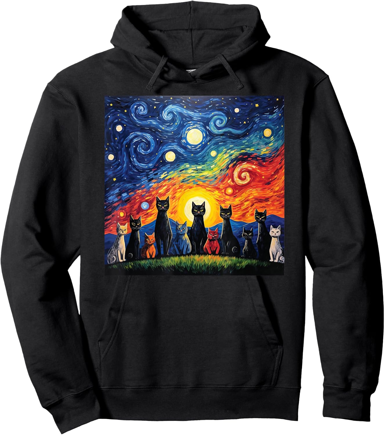 cats family Painting art Starry Night kitty kitten Van Gogh Hoodie - Hoodie | Black