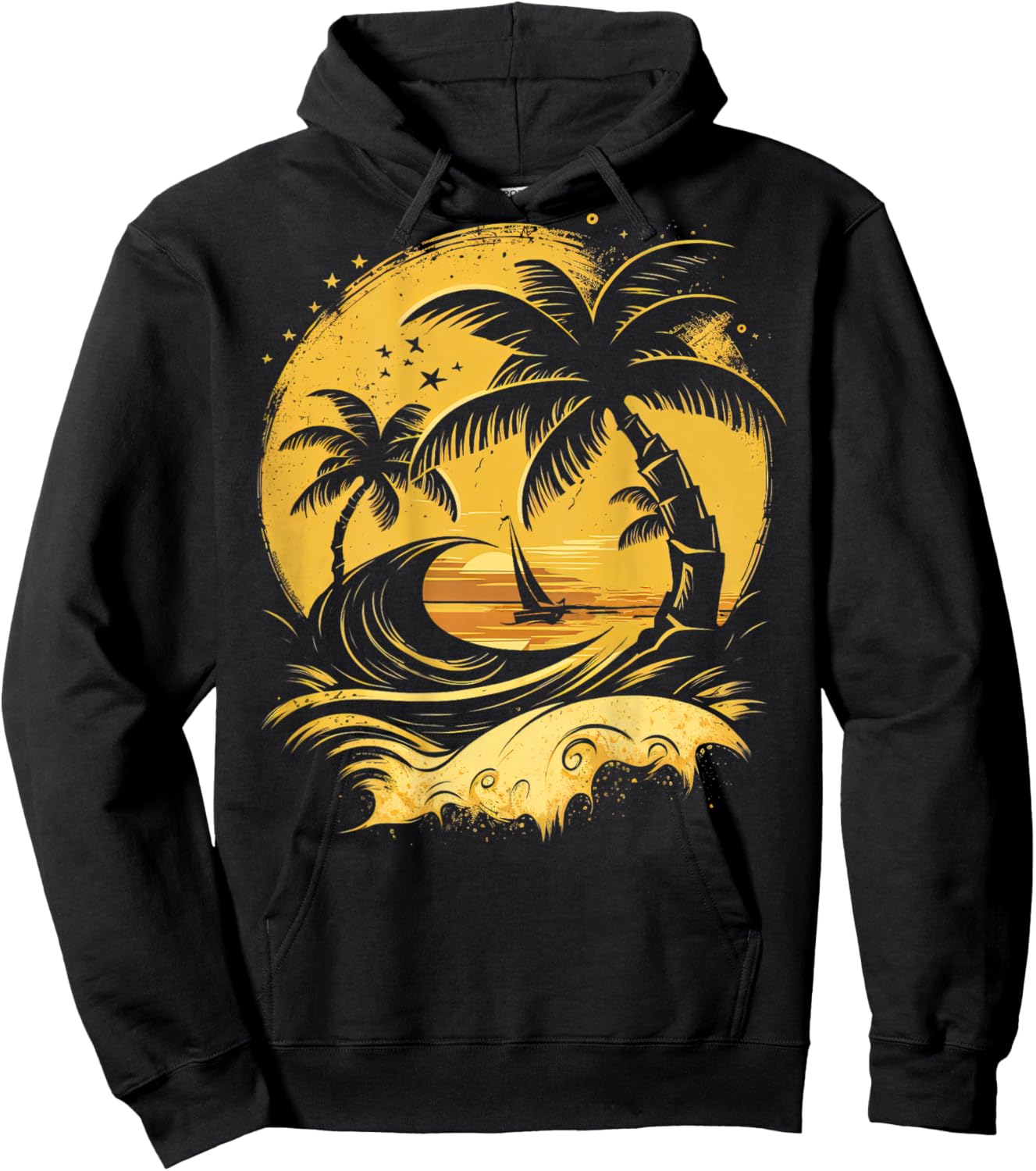 ON Back Tropical Palm Trees Sailboat Beach Island Sunset Hoodie - Hoodie | Black