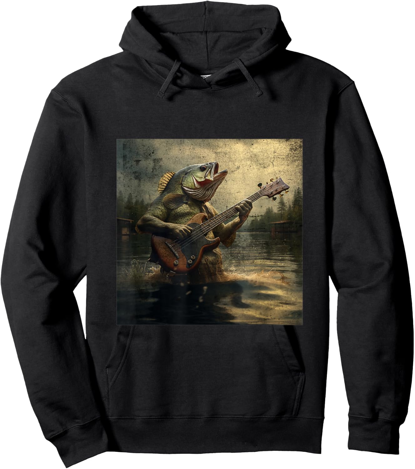 Weird Bass Fish Playing Bass Guitar Funny Cursed Meme Hoodie - Hoodie | Black