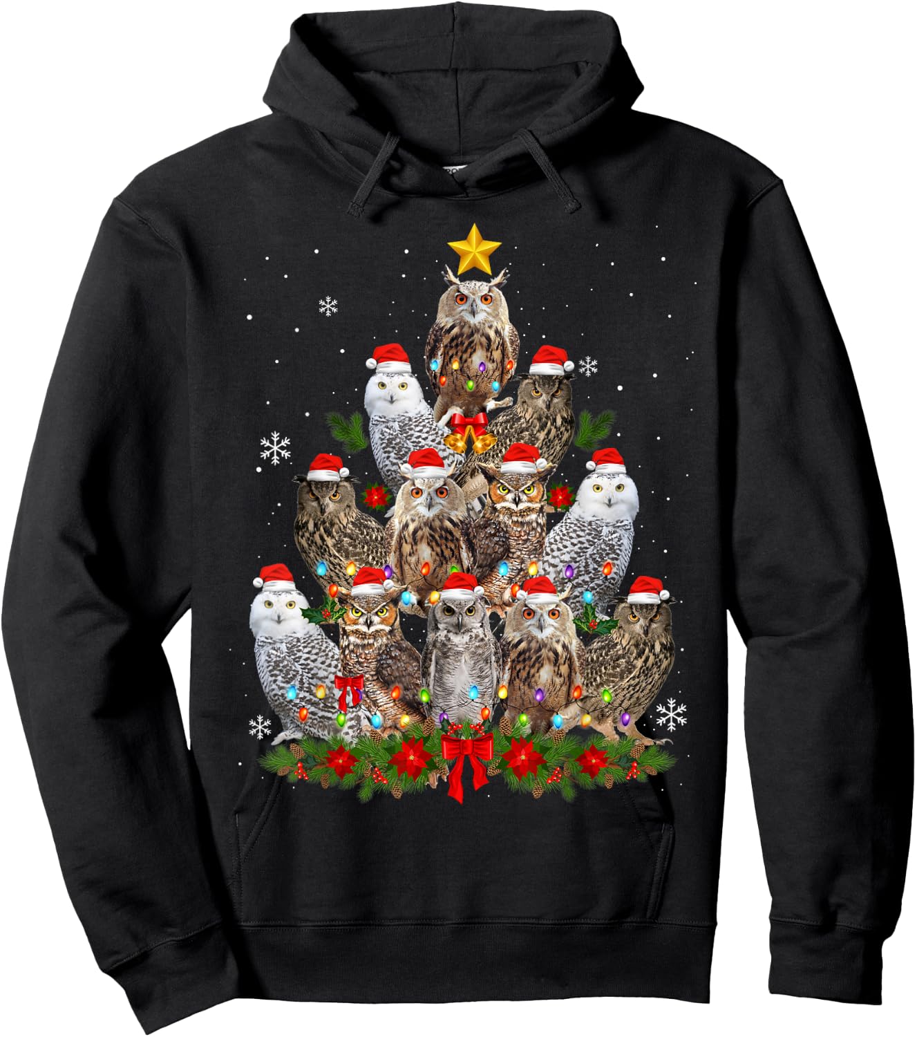 Owl Christmas Tree Owl Xmas Lights Cute Christmas Matching Hoodie - Hoodie | Black