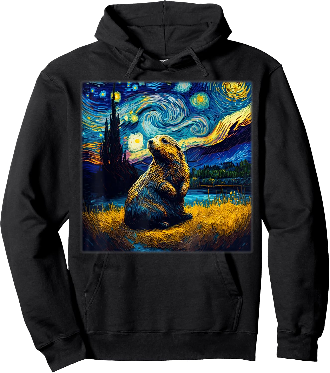 Surrealism Starry Night Marmot Hoodie - Hoodie | Black