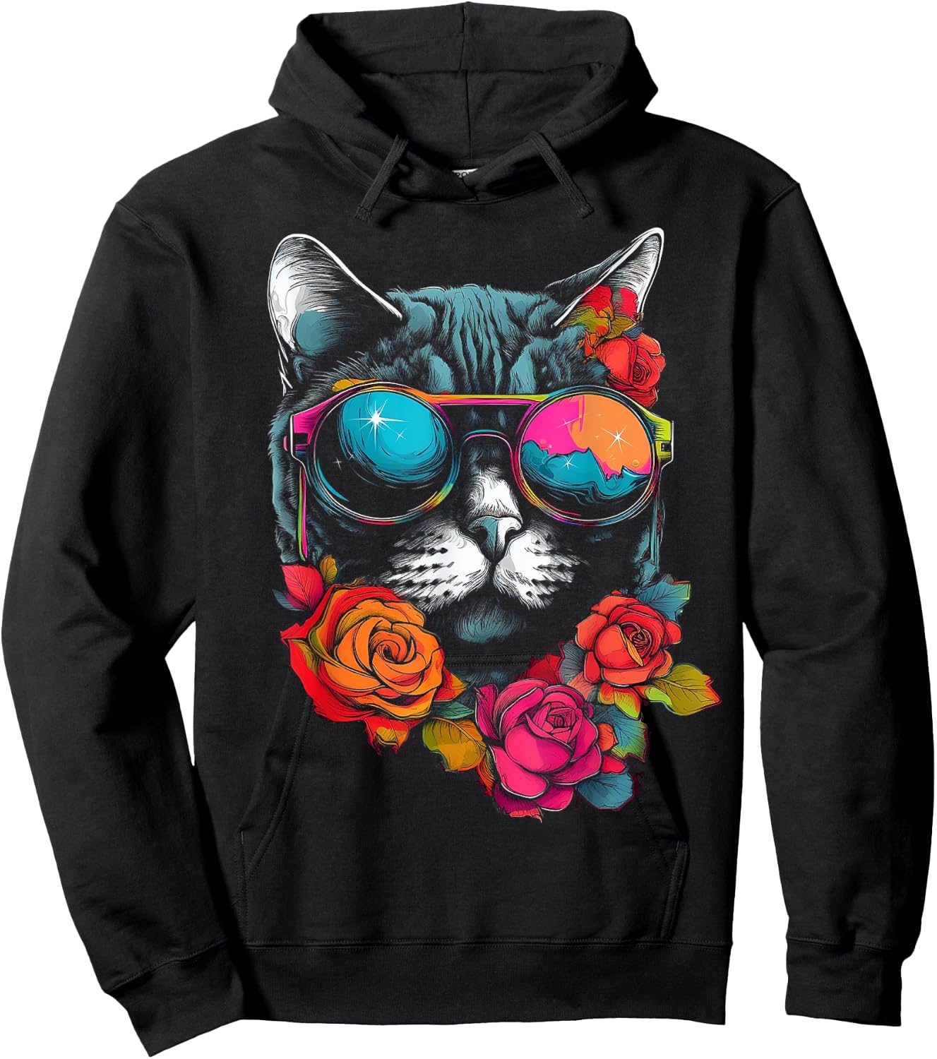 Cat Lover Artwork | Sunglasses Flower Animal Motif Cat Hoodie - Hoodie | Black