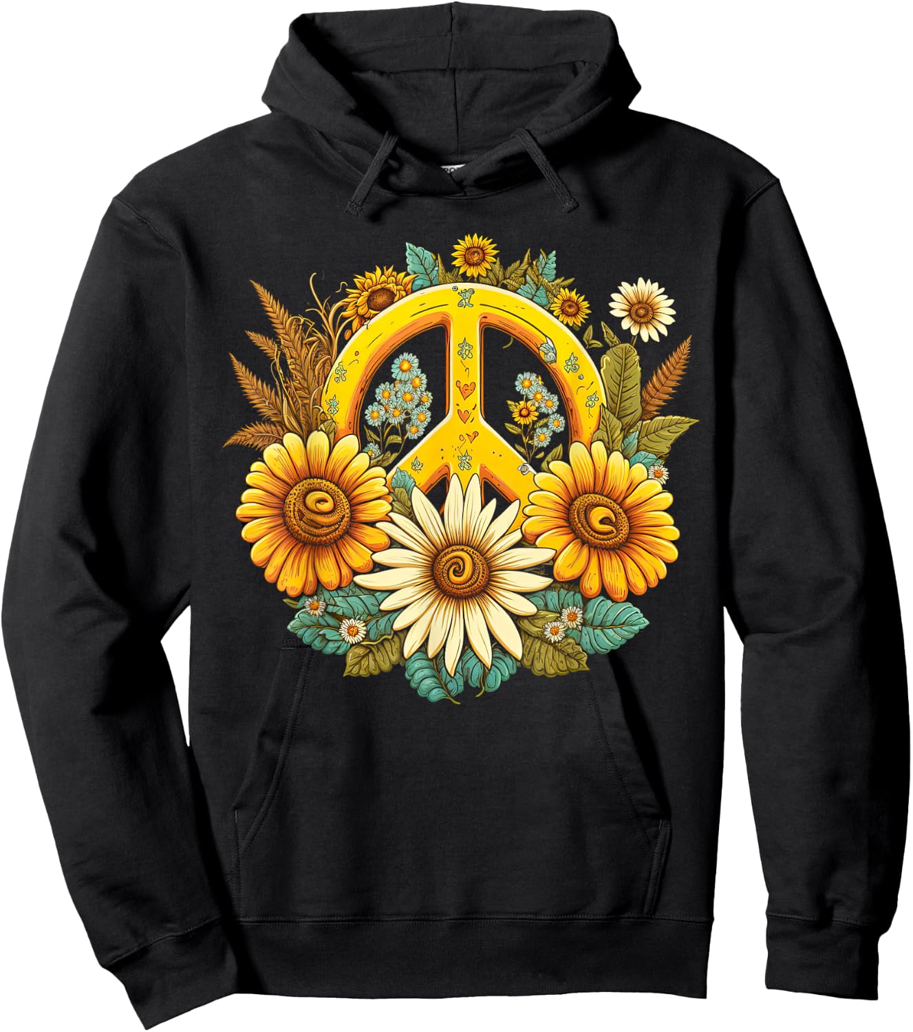 Hippie Daisy Peace Sign Retro Flowers Sunflower Groovy Vibes Hoodie - Hoodie | Black