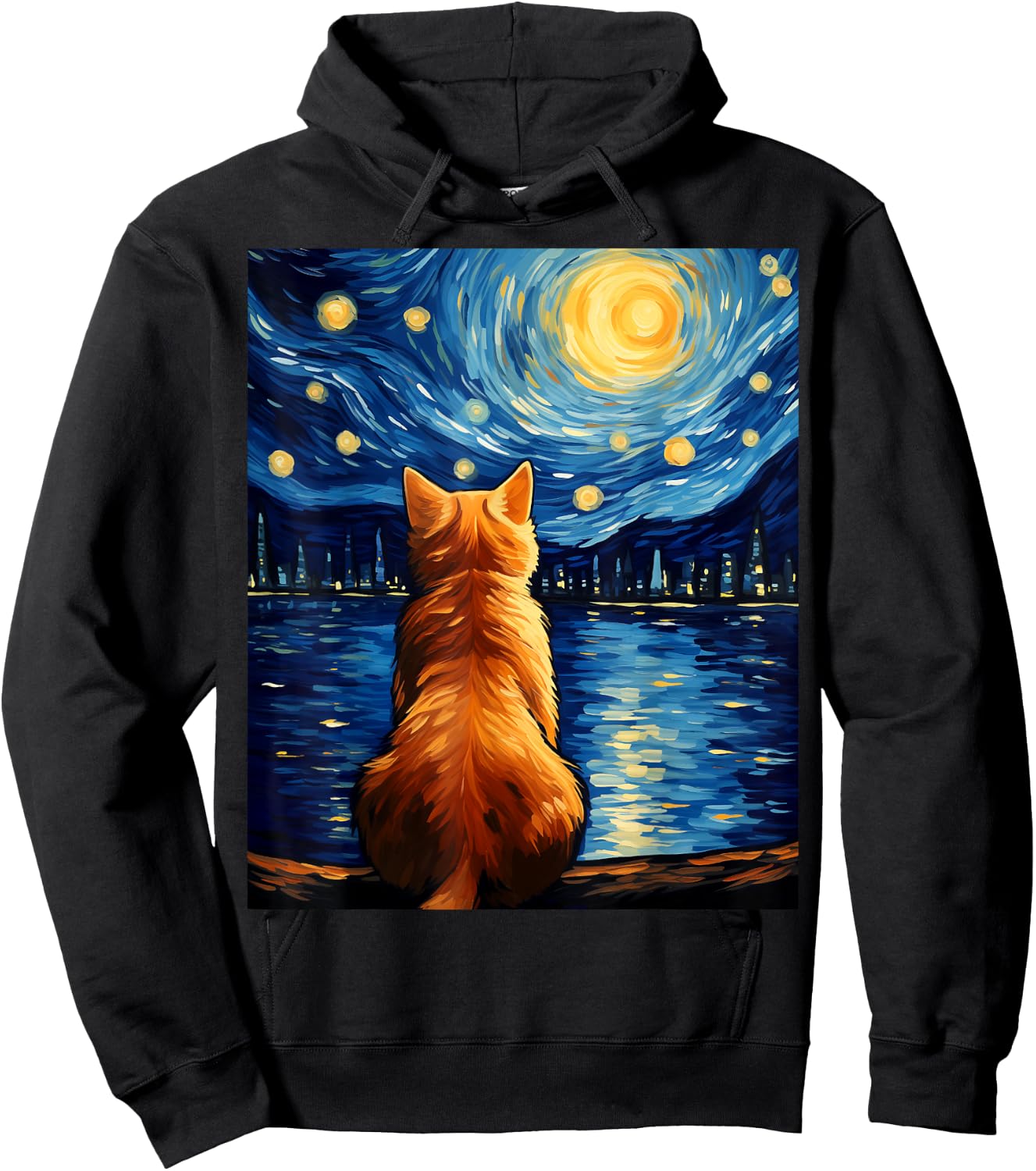 Vincent Van Gogh Starry Night Cat Funny Orange Cat Lover Women Girls Kids Hoodie - Hoodie | Black
