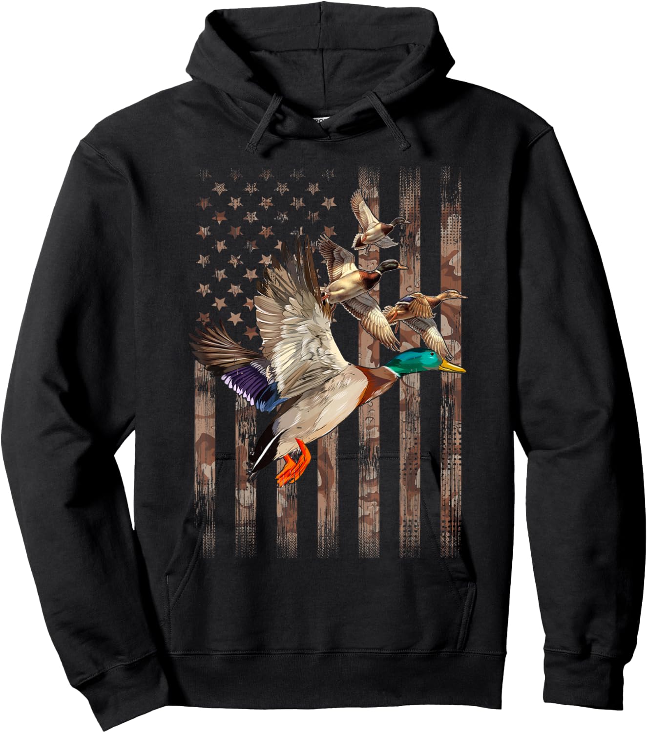 Duck Hunter American Flag Waterfowl Hunting Camouflage Men Hoodie - Hoodie | Black