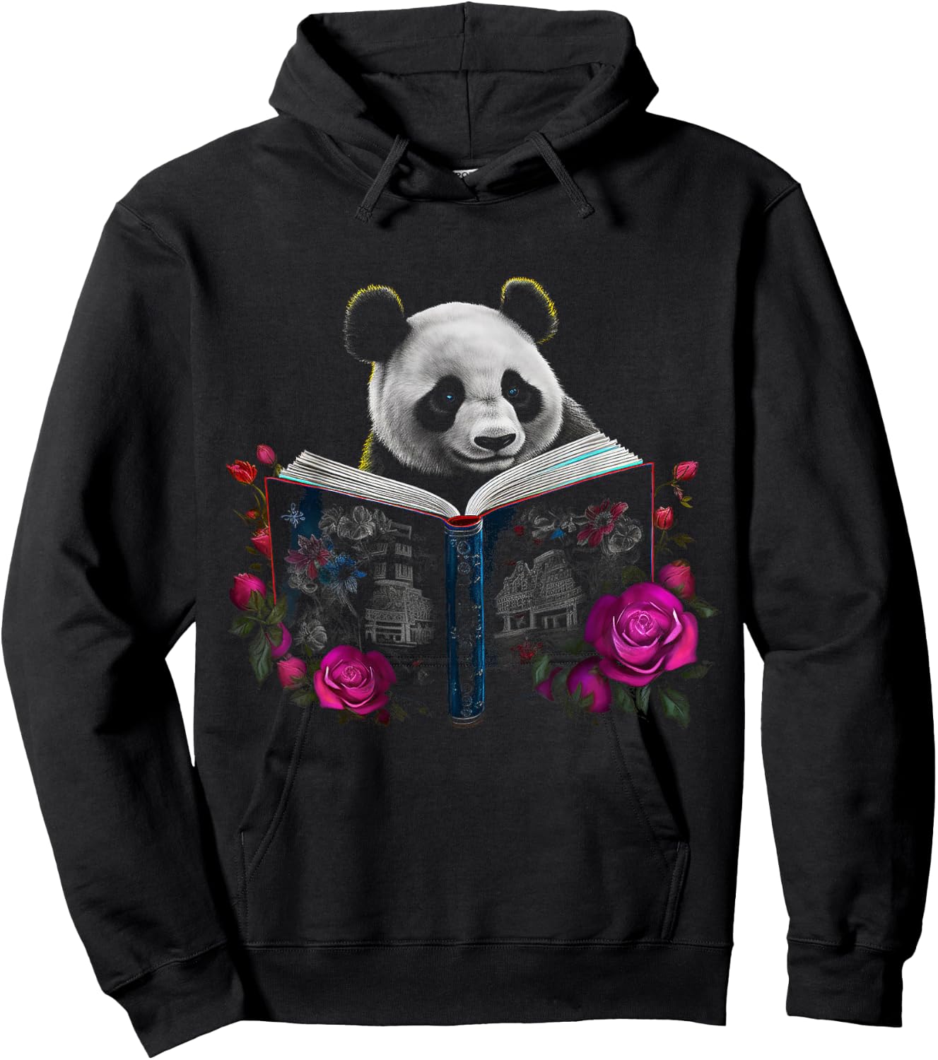 Panda reading a Book - Flowers | Animal Rose Motif Panda Hoodie - Hoodie | Black