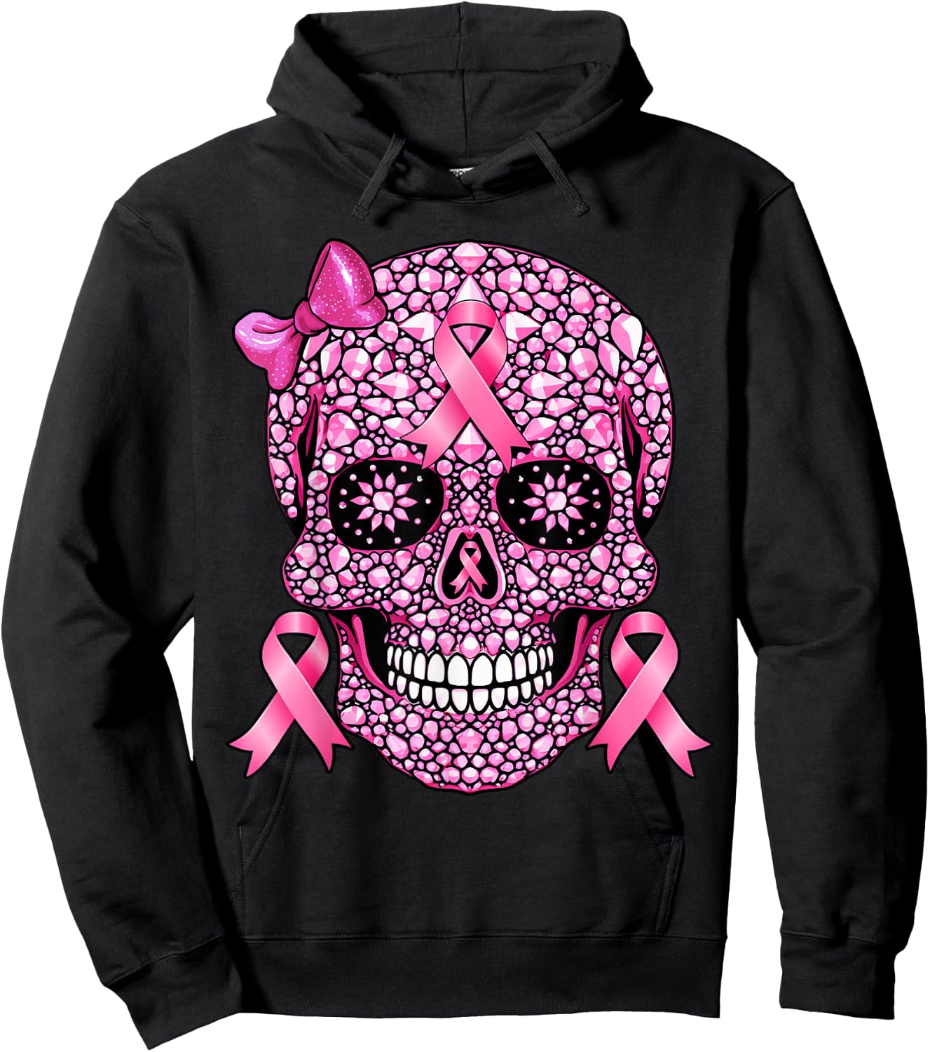 Sugar Skull Pink Ribbon Breast Cancer Awareness Girls Women Hoodie - Hoodie | Black