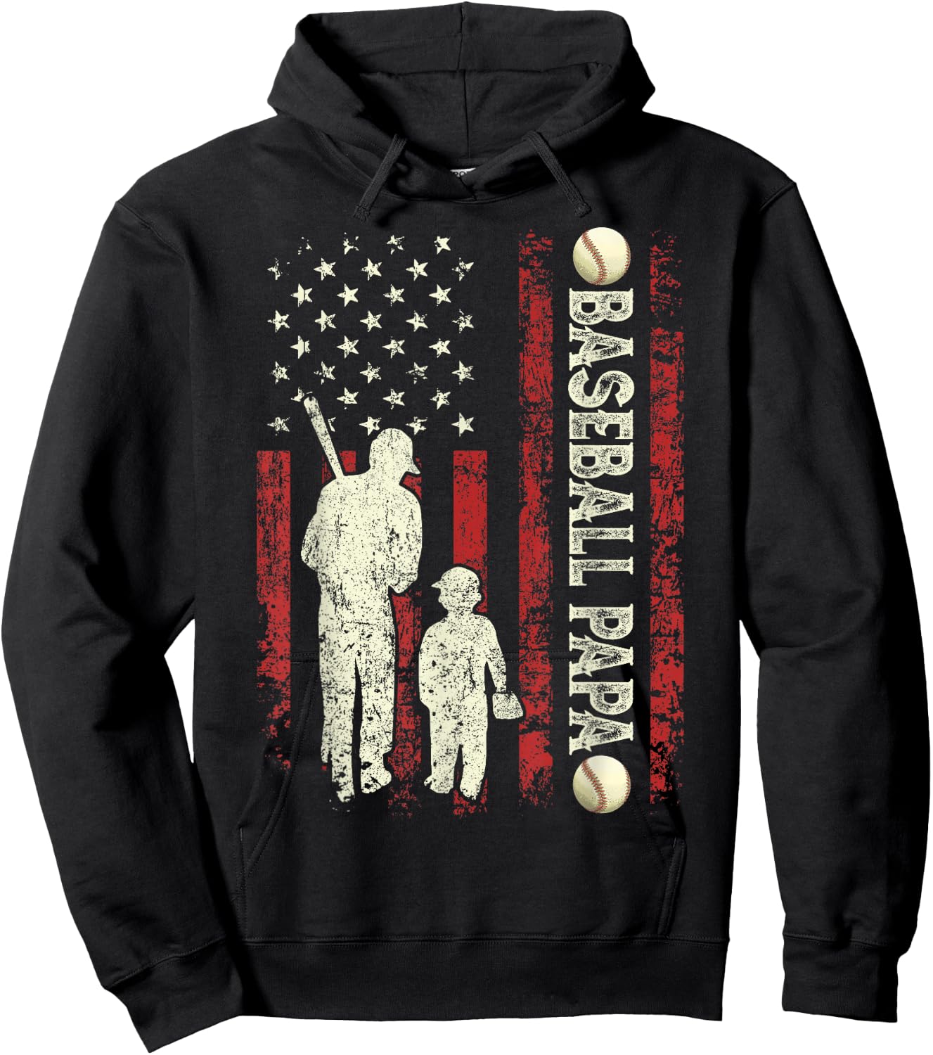Father's Day Baseball Papa USA Flag Gifts Dad Men Baseball Hoodie - Hoodie | Black