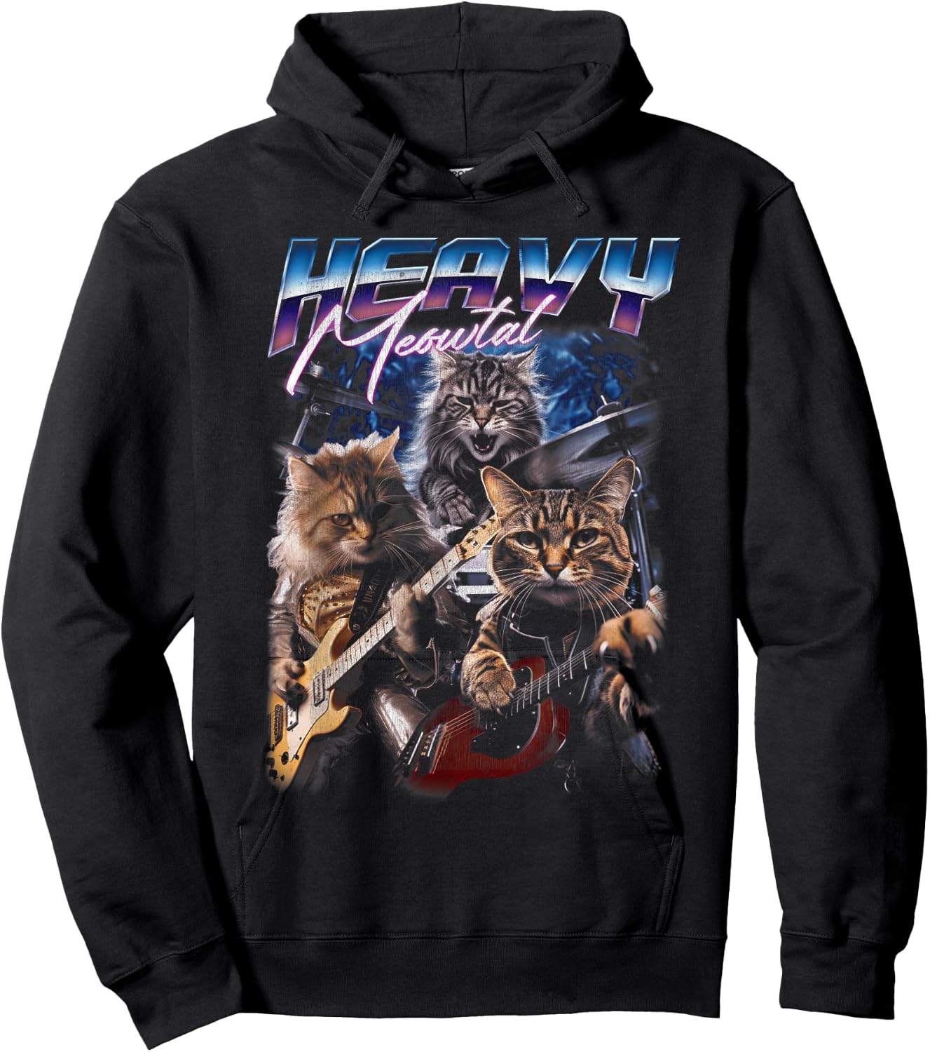 Heavy Meowtal Distressed Rock Cat Playing Guitar Music Bands Hoodie - Hoodie | Black