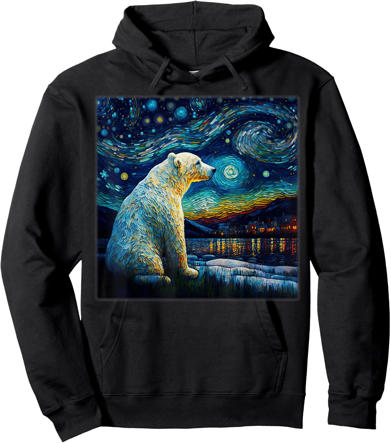 Surrealism Starry Night Polar Bear Hoodie - Hoodie | Black