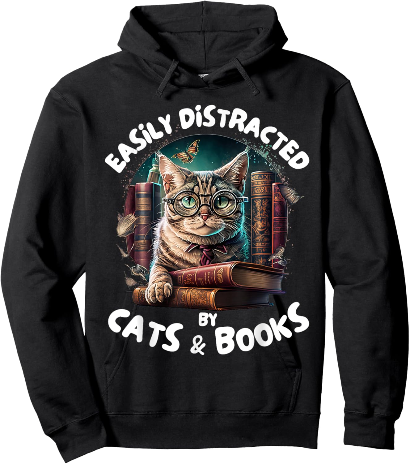 Easily Distracted By Cats and Books Librarians Bibliophiles Hoodie - Hoodie | Black