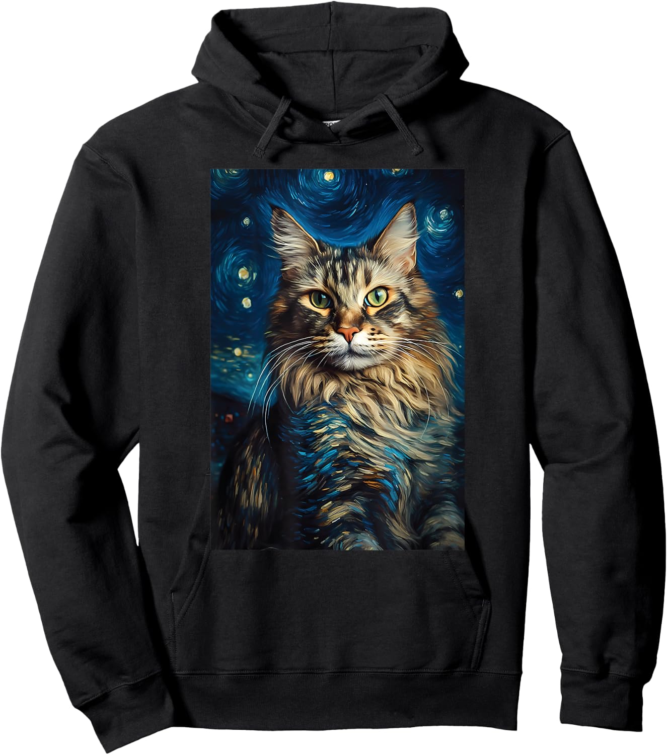 Maine Coon cat painting kitten Van Gogh art Starry Night sky Men Women Kids Hoodie - Hoodie | Black
