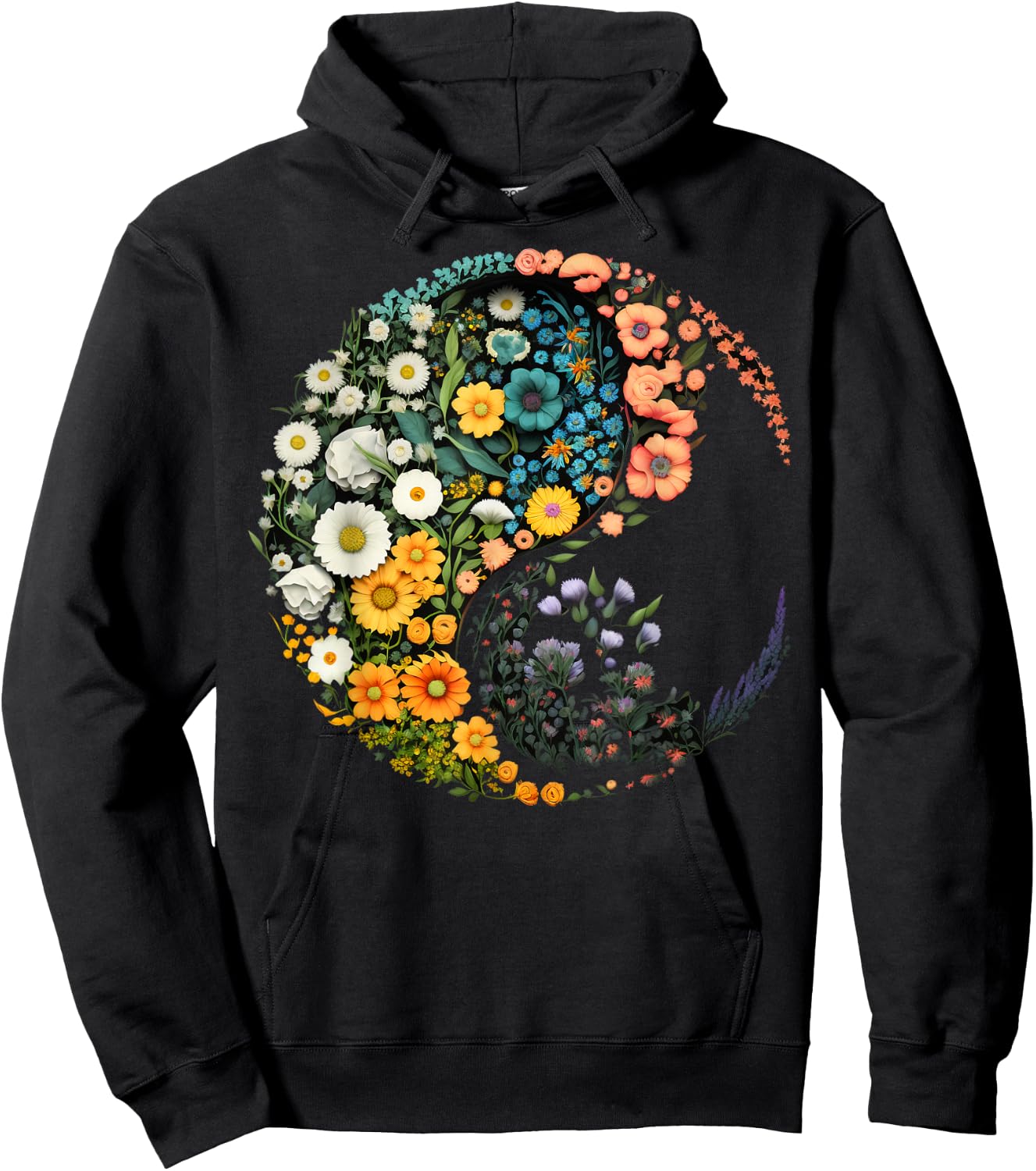 Flower Taoism Yin Yang Symbol on Zen Taijitu Yin Yang Hoodie - Hoodie | Black