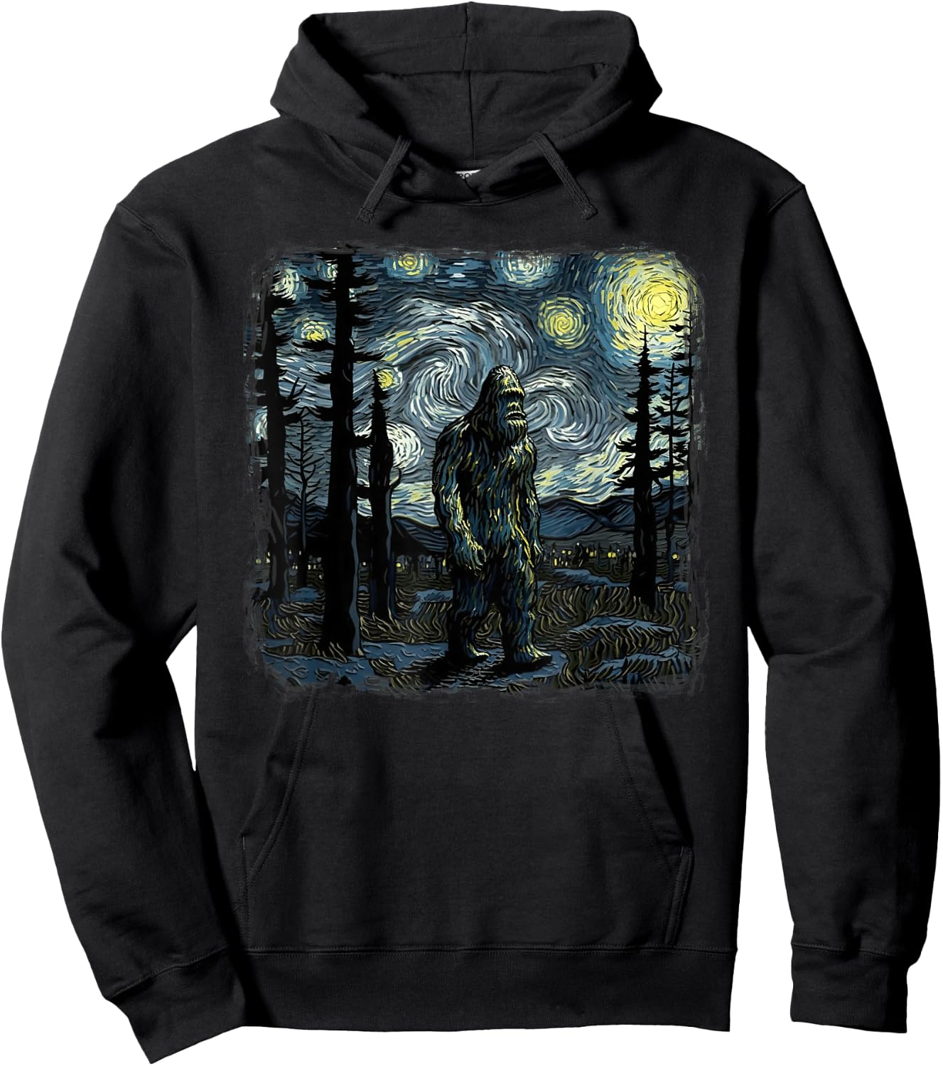 Bigfoot Starry Night Sasquatch Van Gogh Sky Painting Art Hoodie - Hoodie | Black