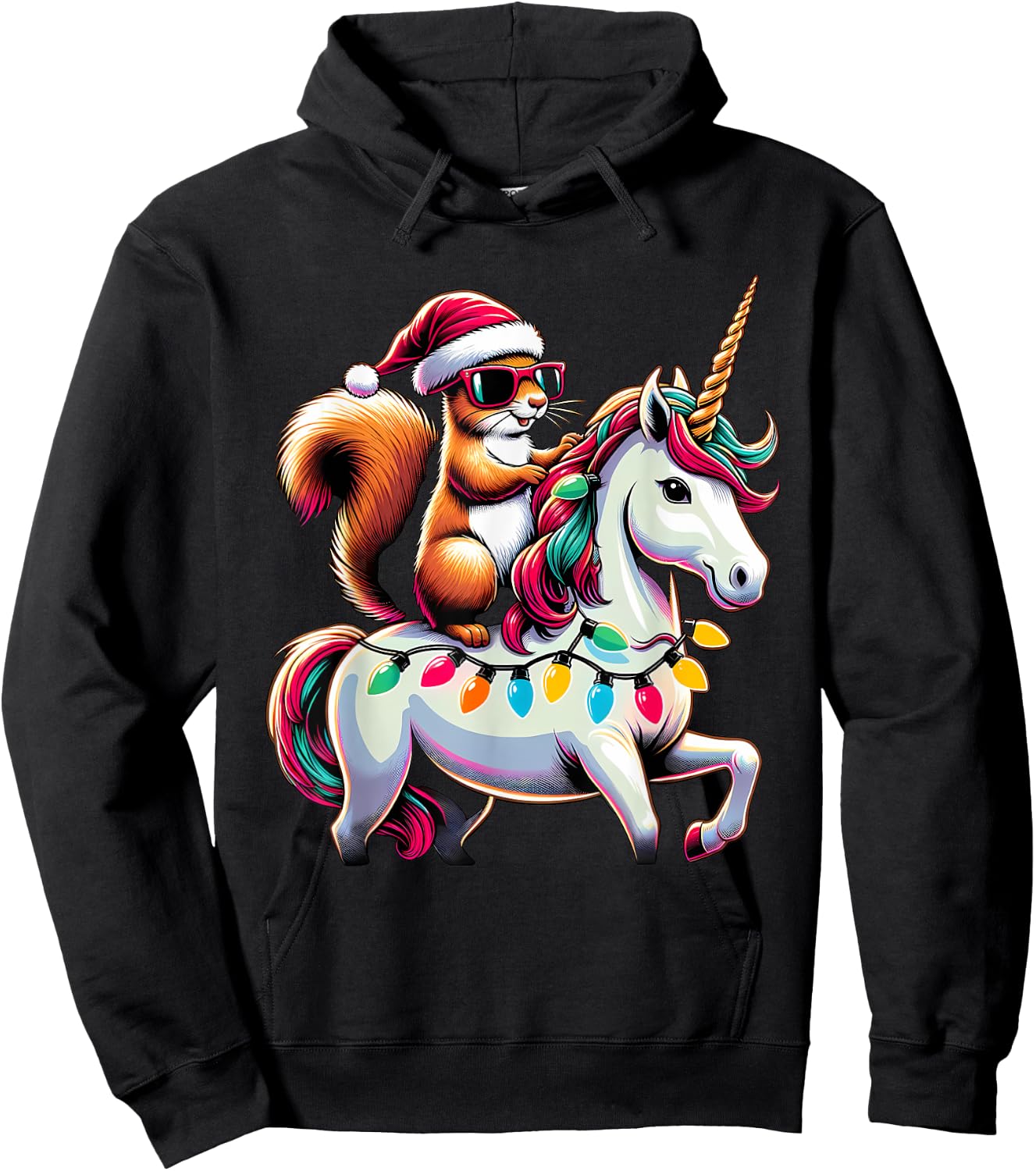 Christmas Lights Squirrel Riding Unicorn Hoodie - Hoodie | Black