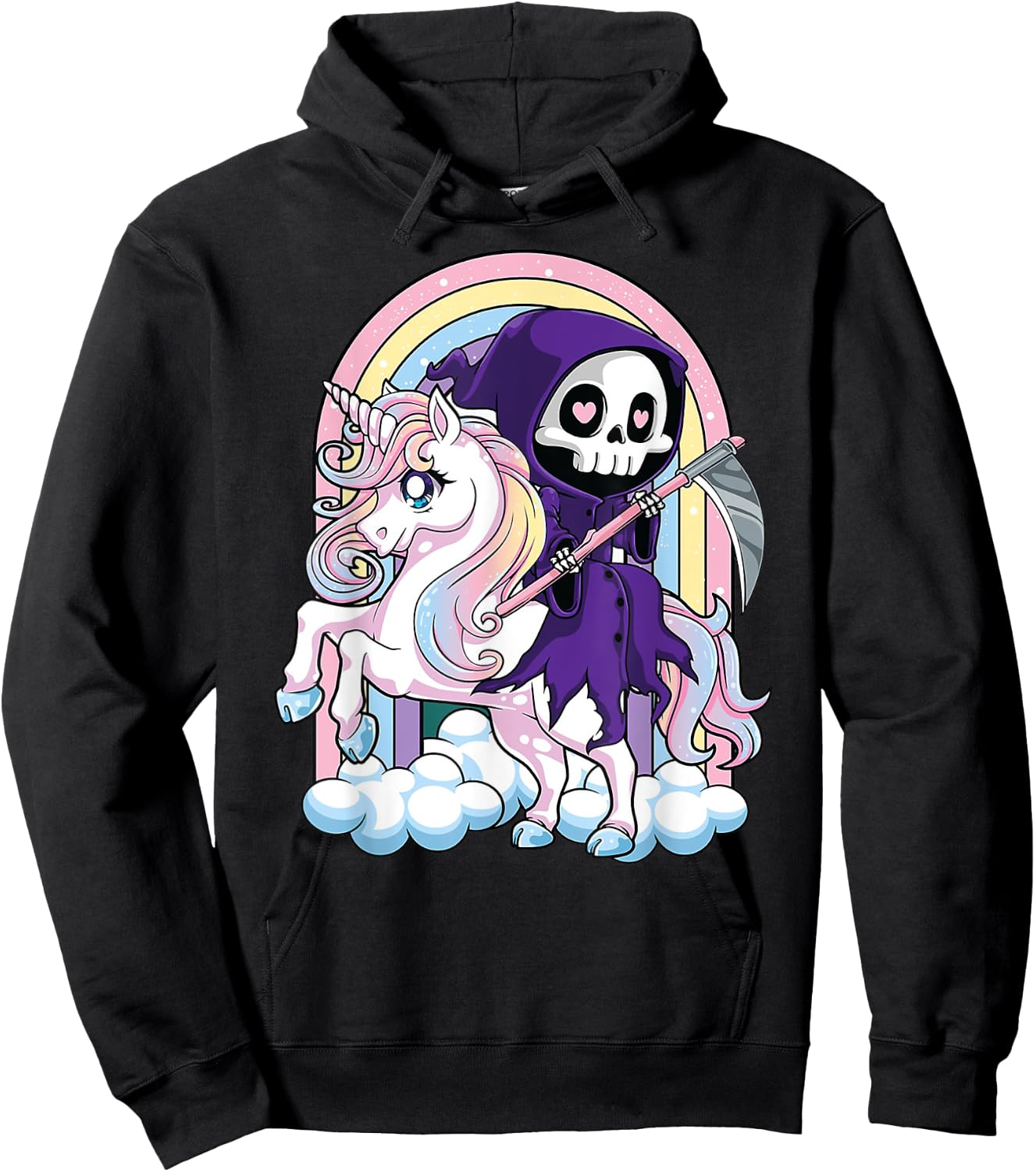 Kawaii Pastel Goth Cute Halloween Grim Reaper Riding Unicorn Hoodie - Hoodie | Black