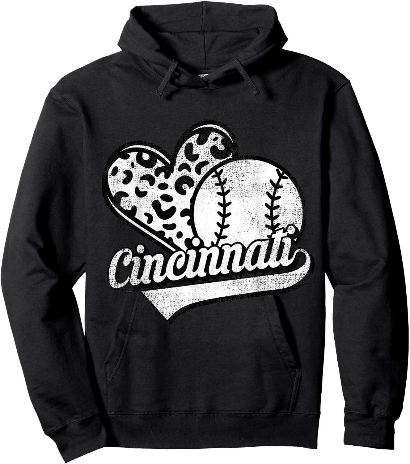 Vintage Cincinnati Baseball Leopard Heart Baseball Fans Hoodie - Hoodie | Black