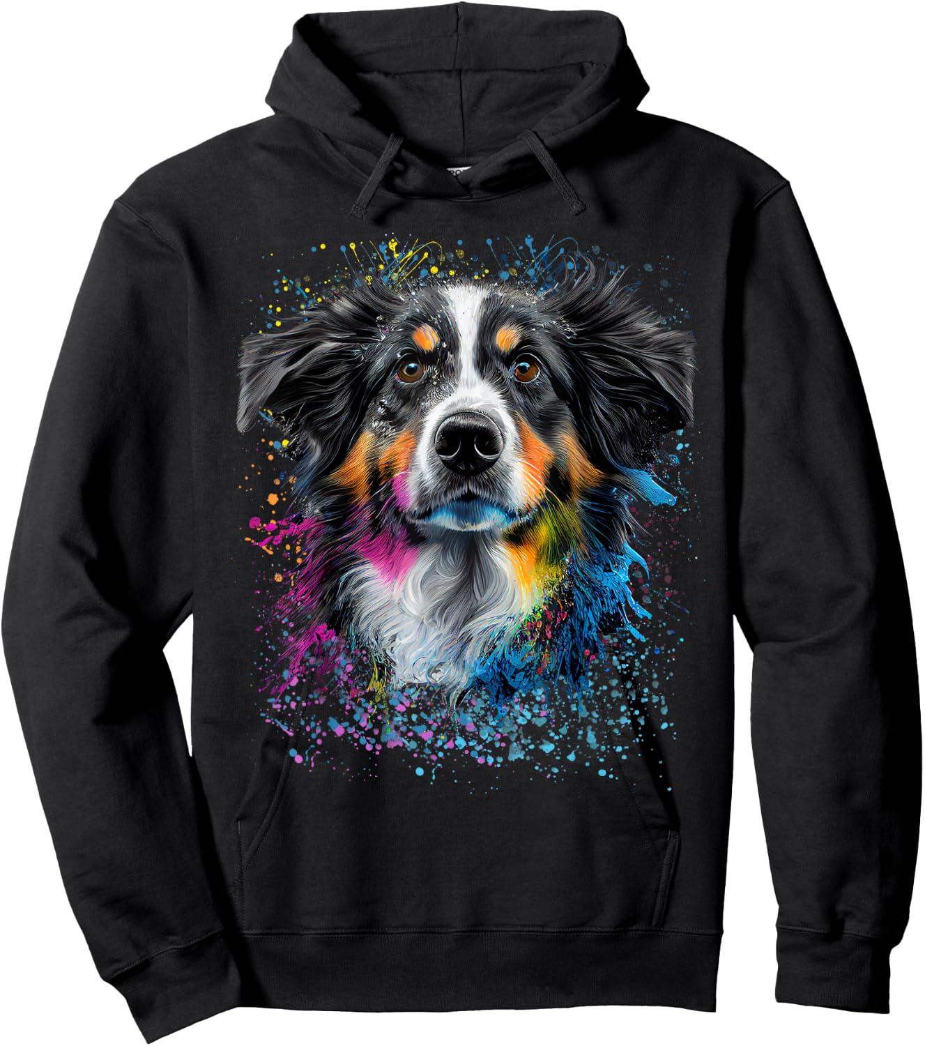 Colorful Splash Art Australian Shepherd Portrait Puppy Hoodie - Hoodie | Black