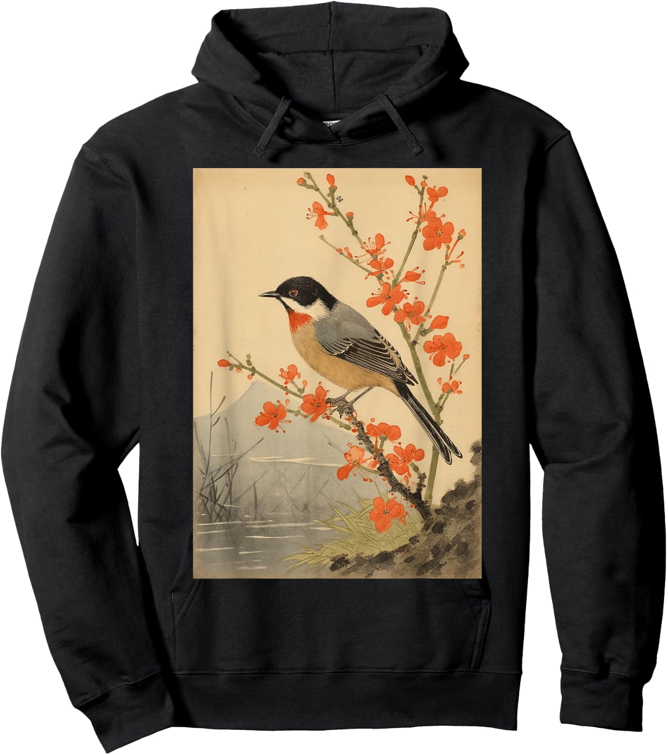 Japanese Woodblock Art - Vintage Songbird Beauty Hoodie - Hoodie | Black