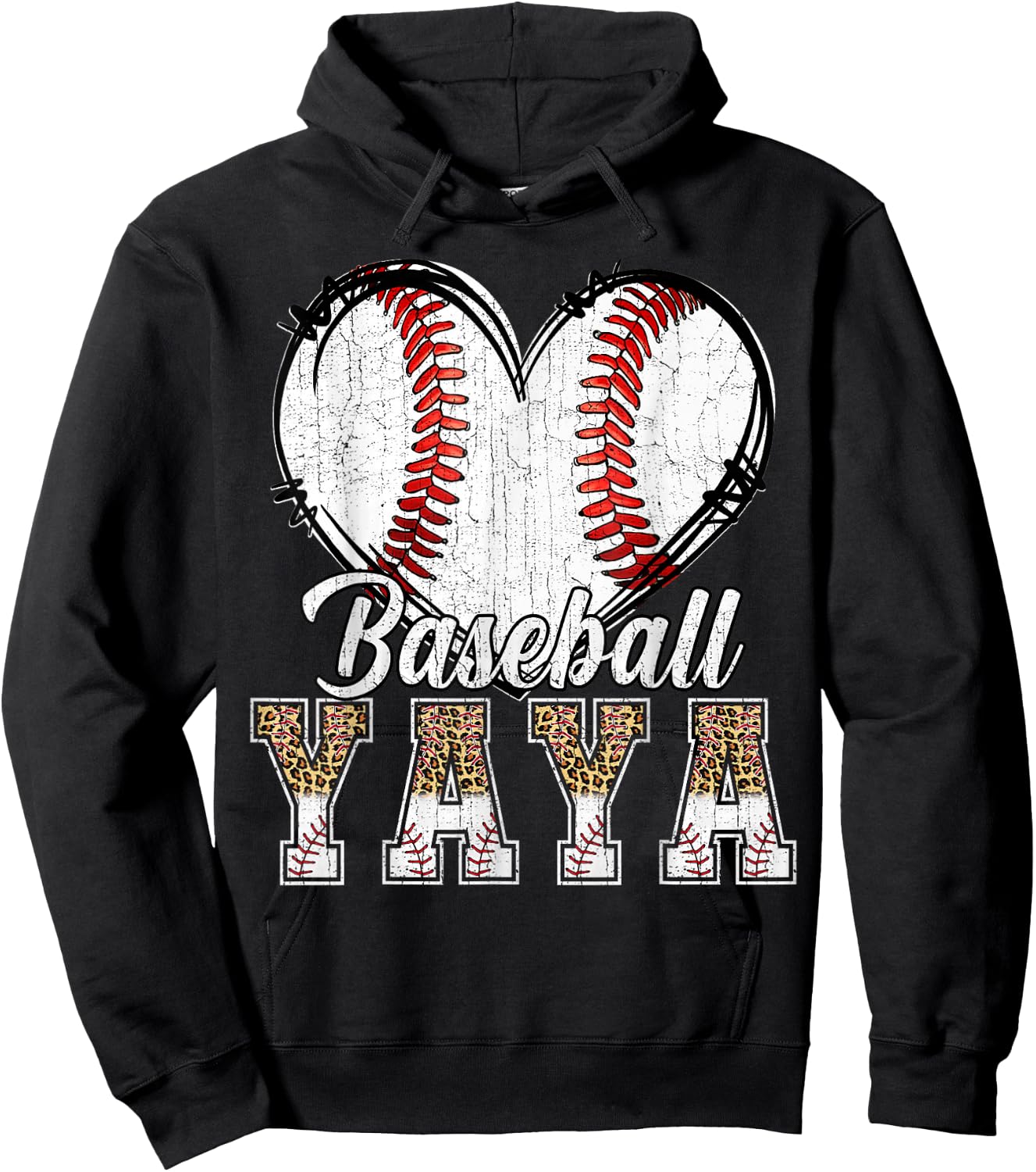 Softball Baseball Yaya Heart Leopard Print Mother's Day Hoodie - Hoodie | Black