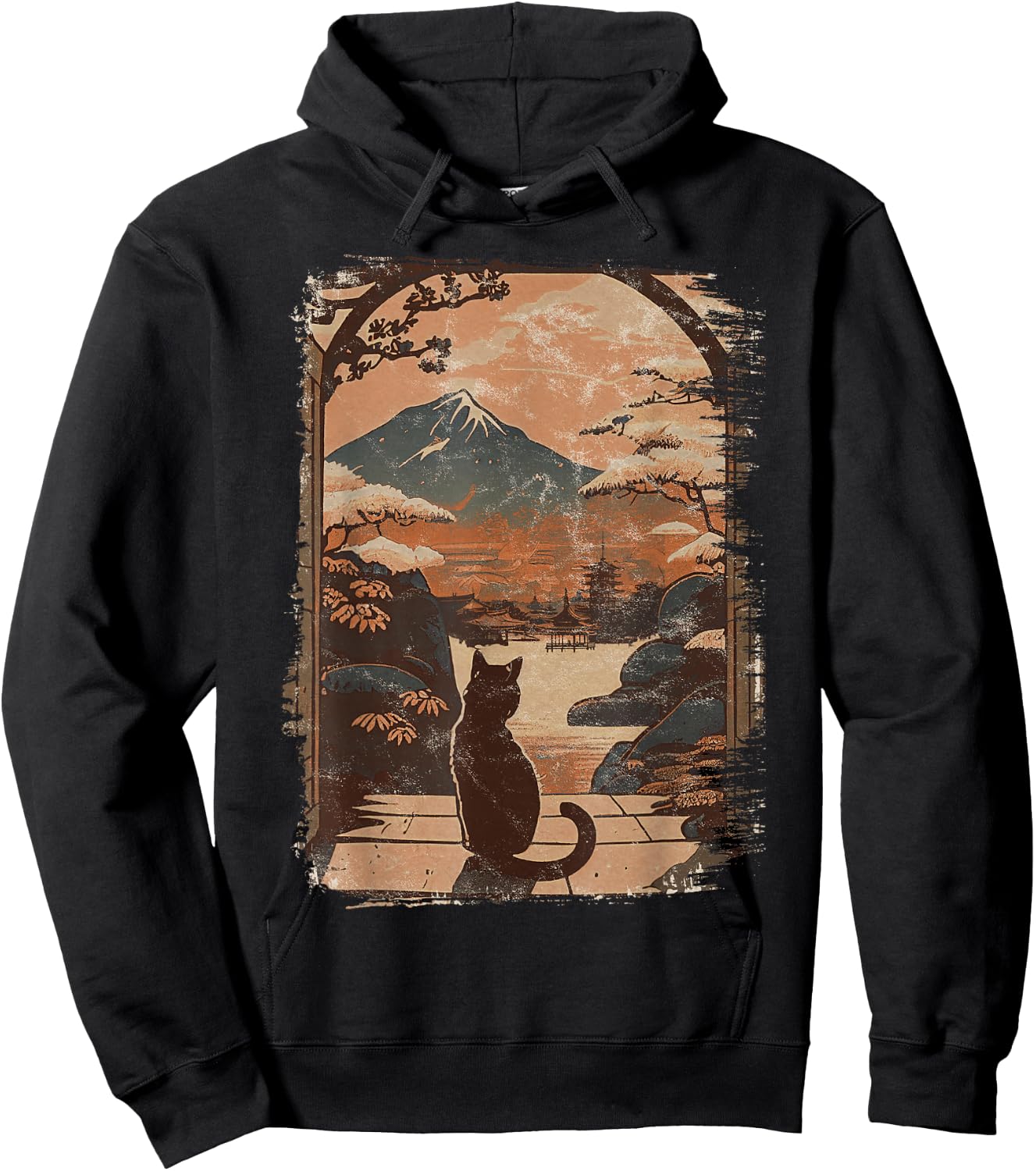 Japanese Cat with Landscape and Mountain Hoodie - Hoodie | Black