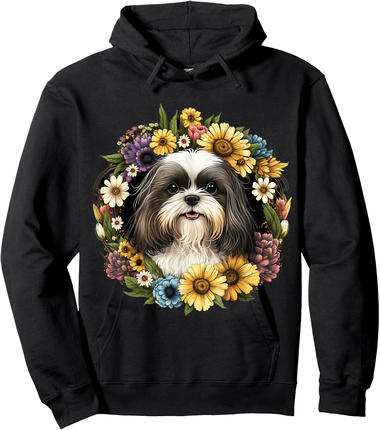 Sunflower Hippie Floral Shih Tzu Dog Men Women Kids Hoodie - Hoodie | Black